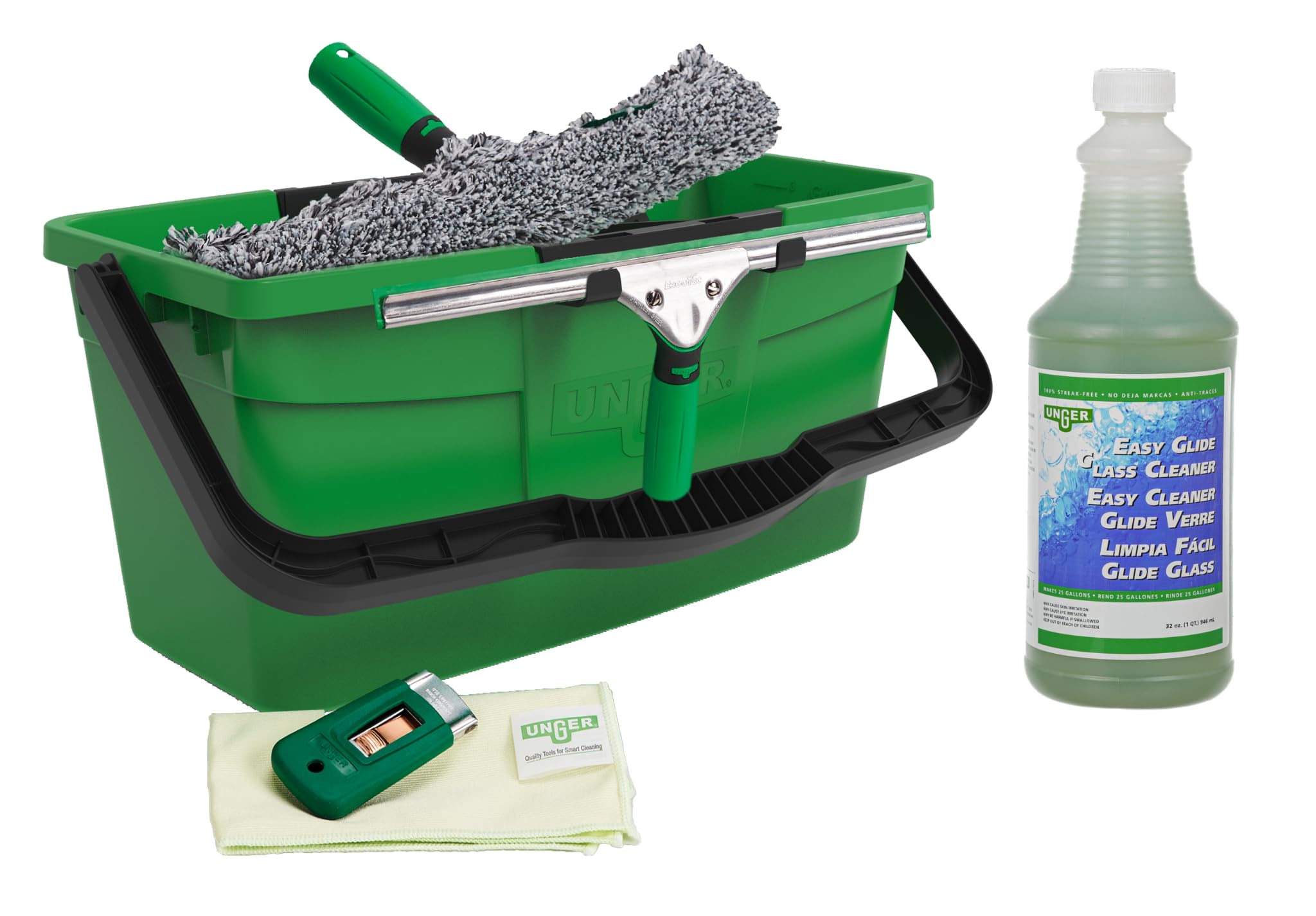 Unger Set di kit per la pulizia dei vetri commerciali - manicotto in microfibra, spatola ErgoTec da 14", secchio da 3 galloni, detergente per vetri da 1 L, raschietto di sicurezza, panno in microfibra