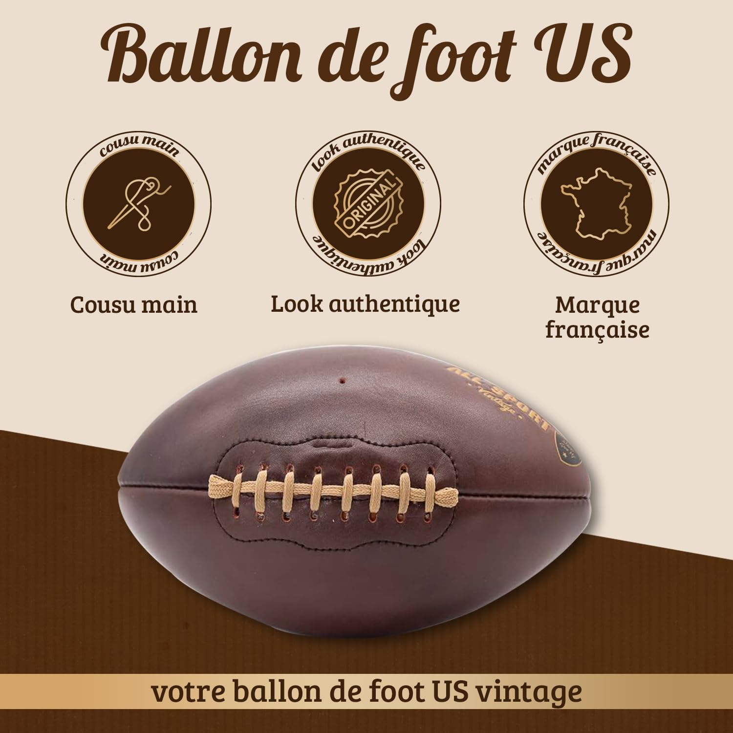 Ballon Football Américain Cuir Vachette Cousu Main Marque Française