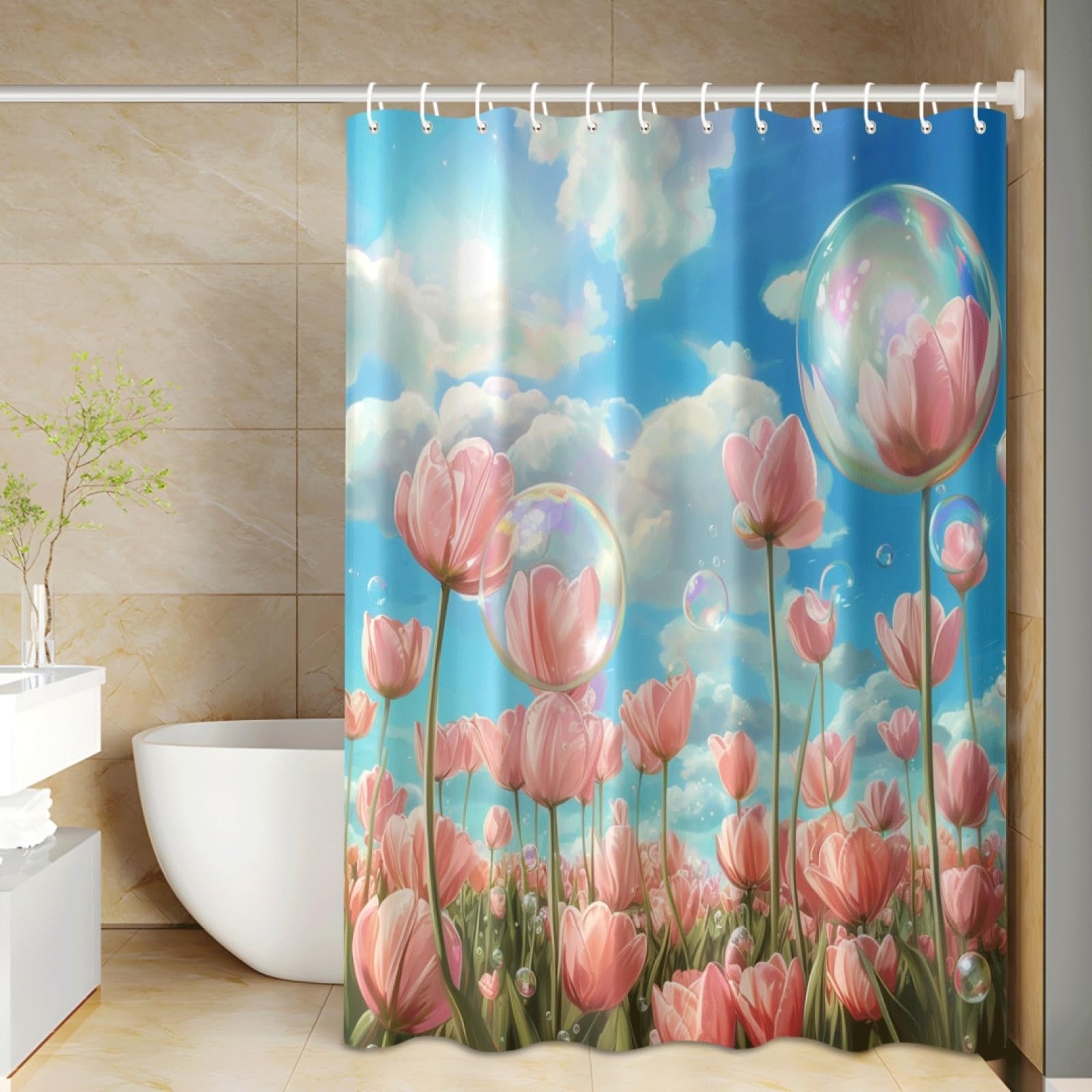 Rideau douche fleur bleue lavable polyester impermeable