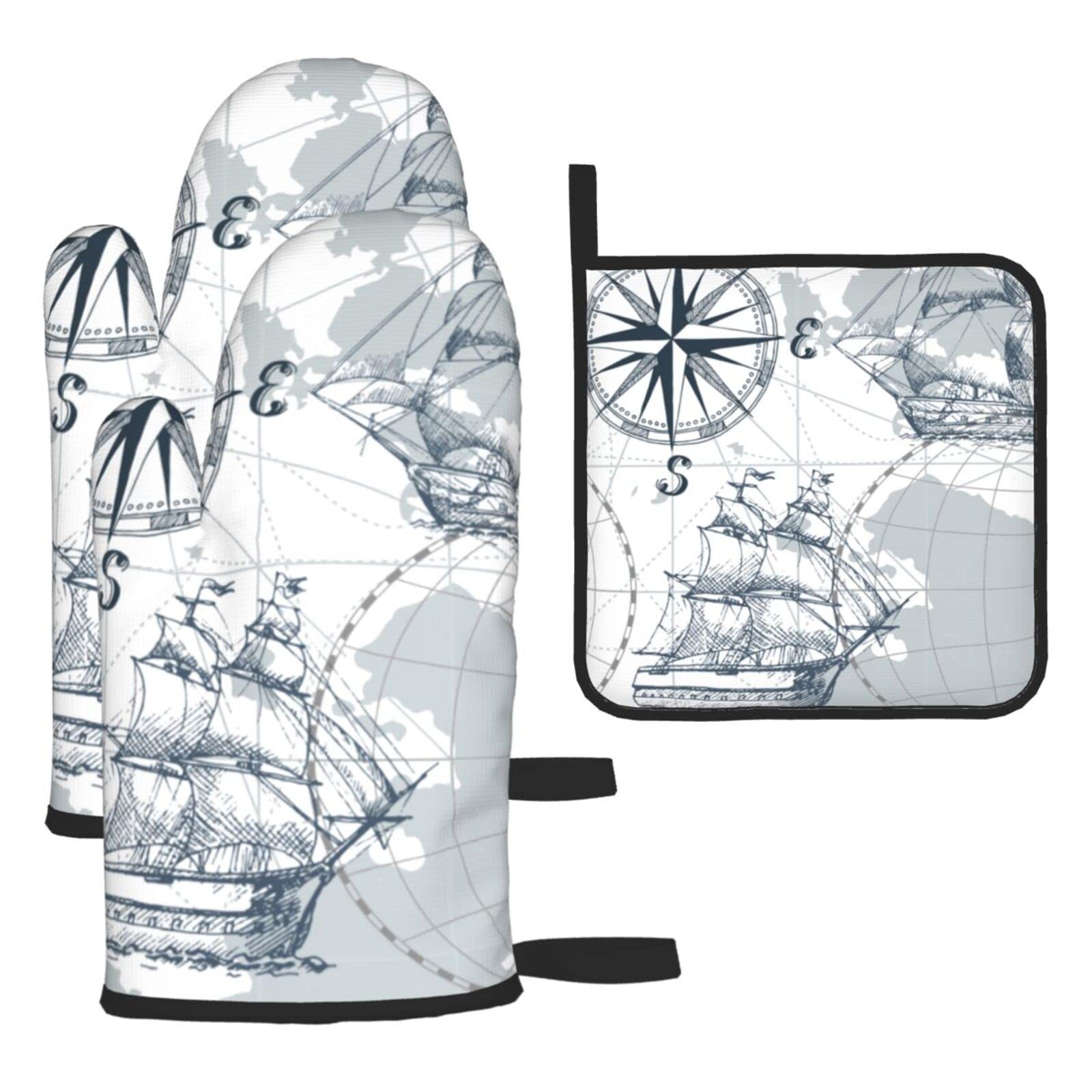 Nautical Sailboat Map Printed Kitchen Baking Three-Piece Heat-Resistant Thick Cotton Oven Gloves for Cooking and Baking.