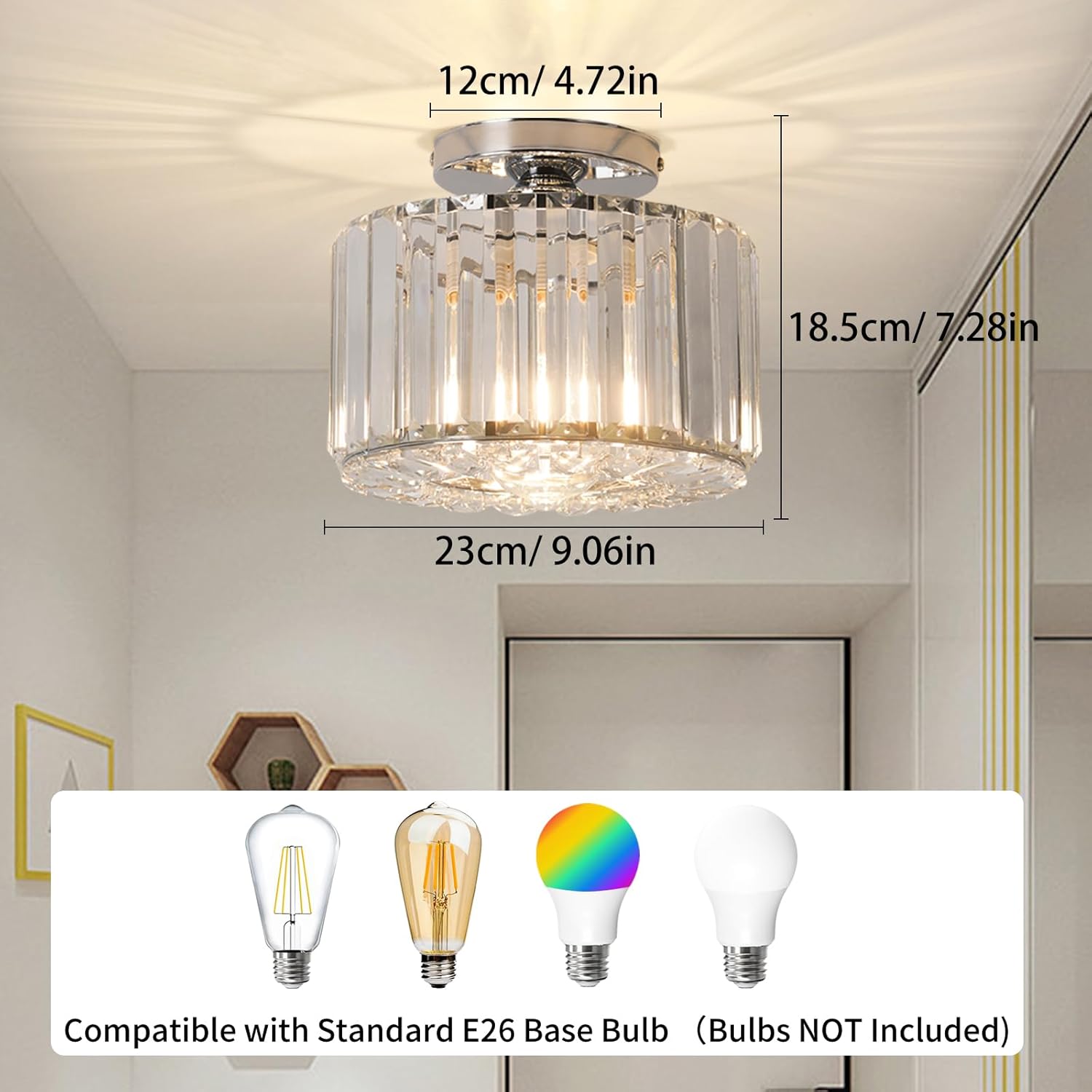 Crystal Ceiling Light, Chrome Ceiling Lamp, Semi Flush Mount Ceiling Light, Small Hallway Lamp, Entryway Crystal Chandelier for Dining Room,Bedroom,Kitchen
