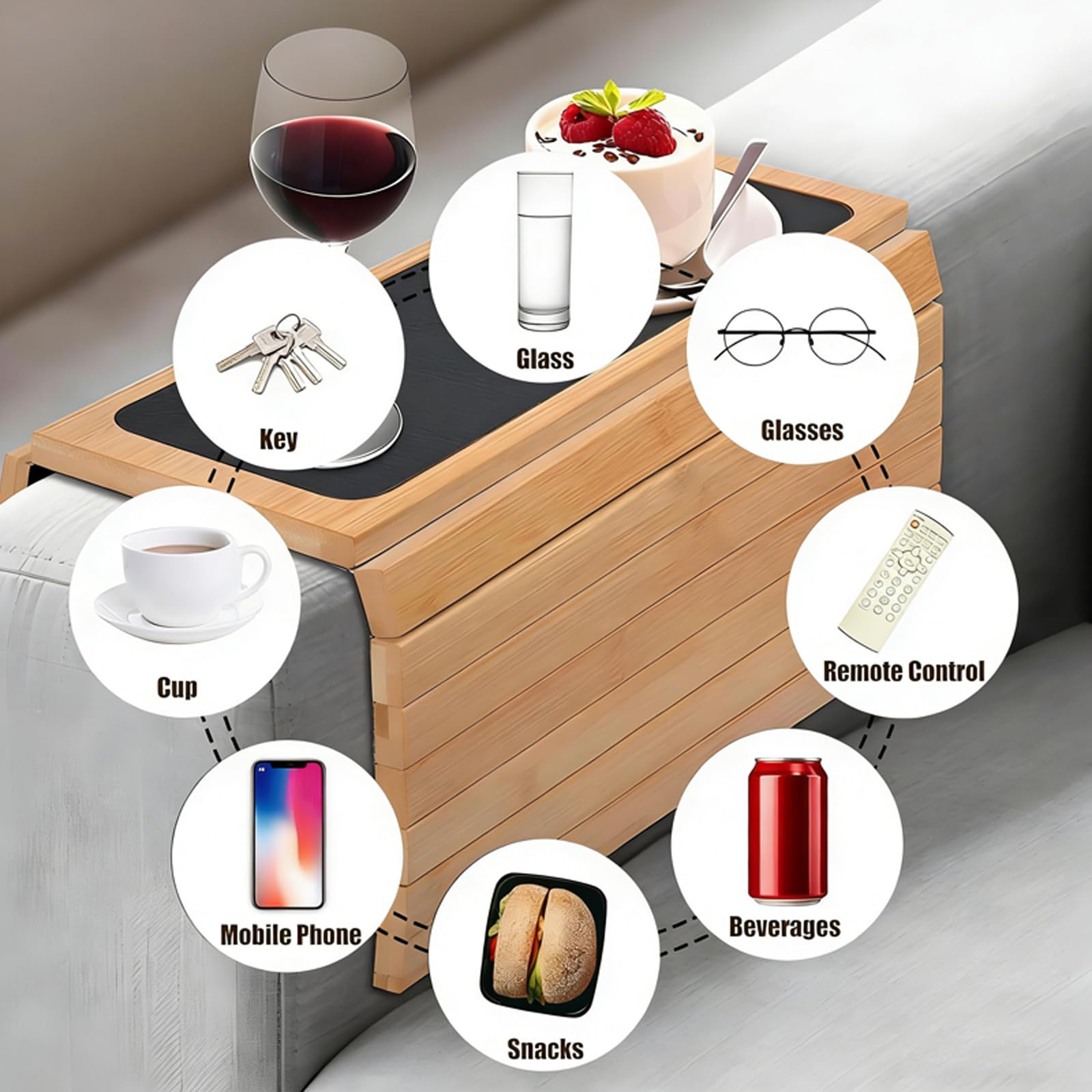Sofá Bandeja Mesa, Bandeja Plegable de Madera for Brazo de sofá, Multicolor, 43x34x0,8cm, for Bebidas, Aperitivos, Revista, Mando a Distancia(Brown)
