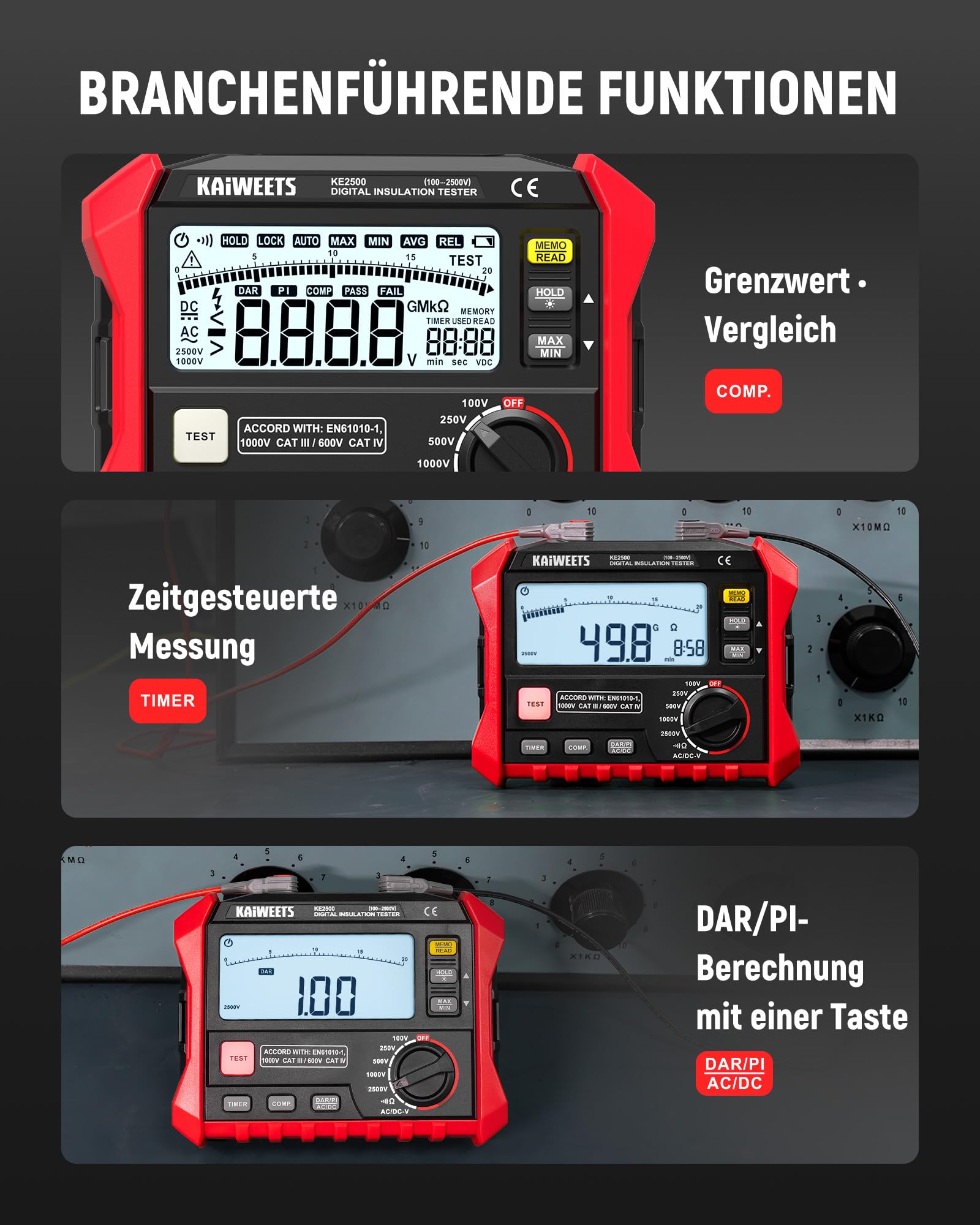 KAIWEETS Isolationswiderstandsmessgerät, bis zu 200 GΩ, Profi-Megohmmeter, 100 V/250 V/500 V/1000 V/2500 V, One-Touch-DAR/PI, misst Widerstand, Wechsel-/Gleichspannung für HLK, Motoren, Solar,