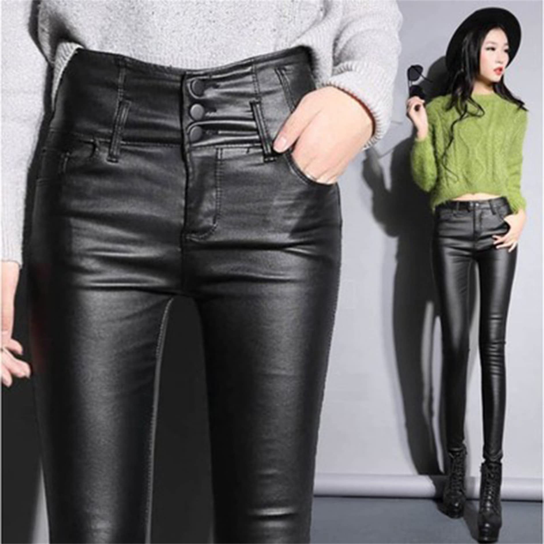 Damskie seksowne spodnie ze sztucznej skóry Push Up stylowe obcisłe legginsy Slim Fit guziki rozciągliwe obcisłe spodnie skórzane (czarne 3XL)
