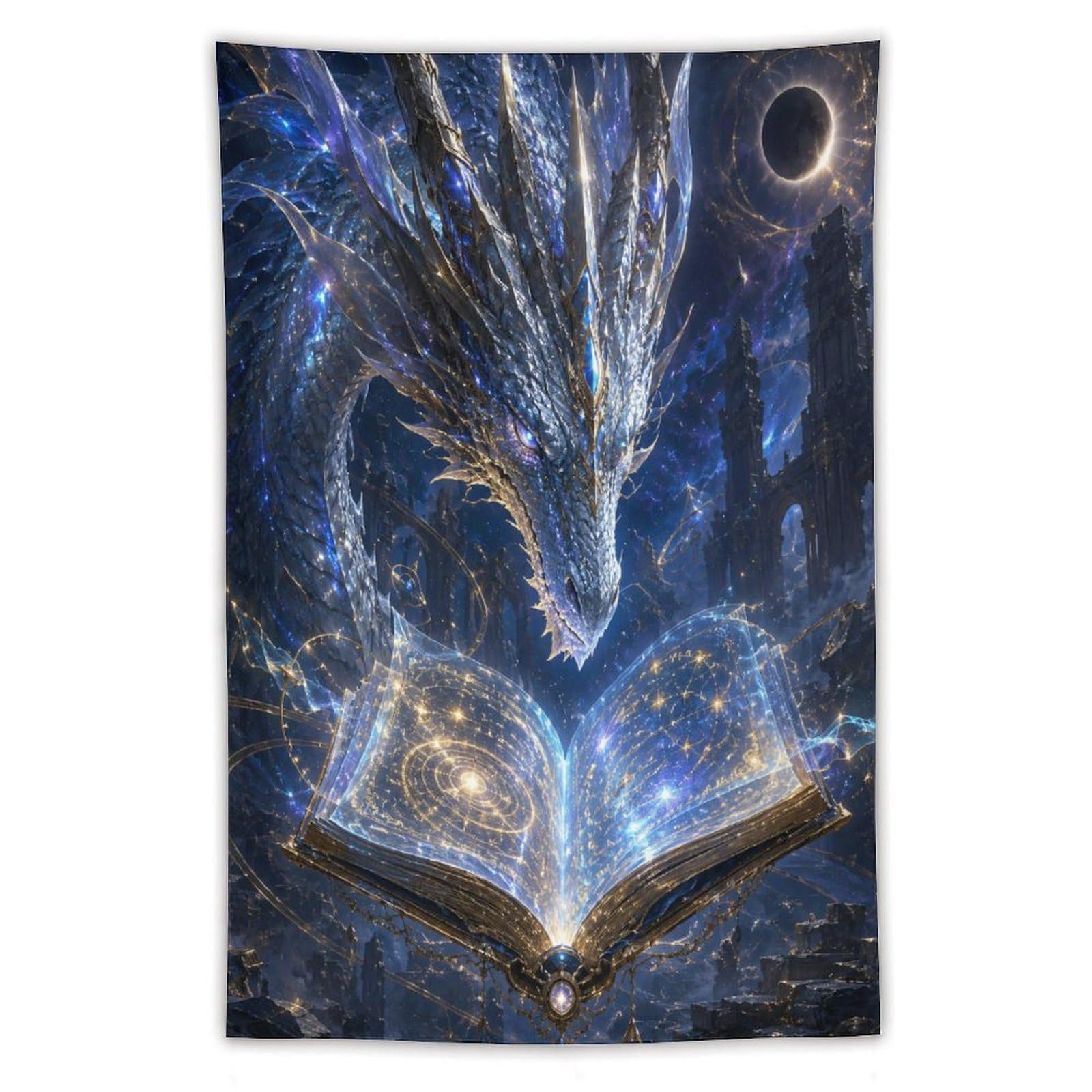 W7C8U2X3 Cosmic Dragon Magic Book Wall Tapestry, Surrealist, Ancient Scroll