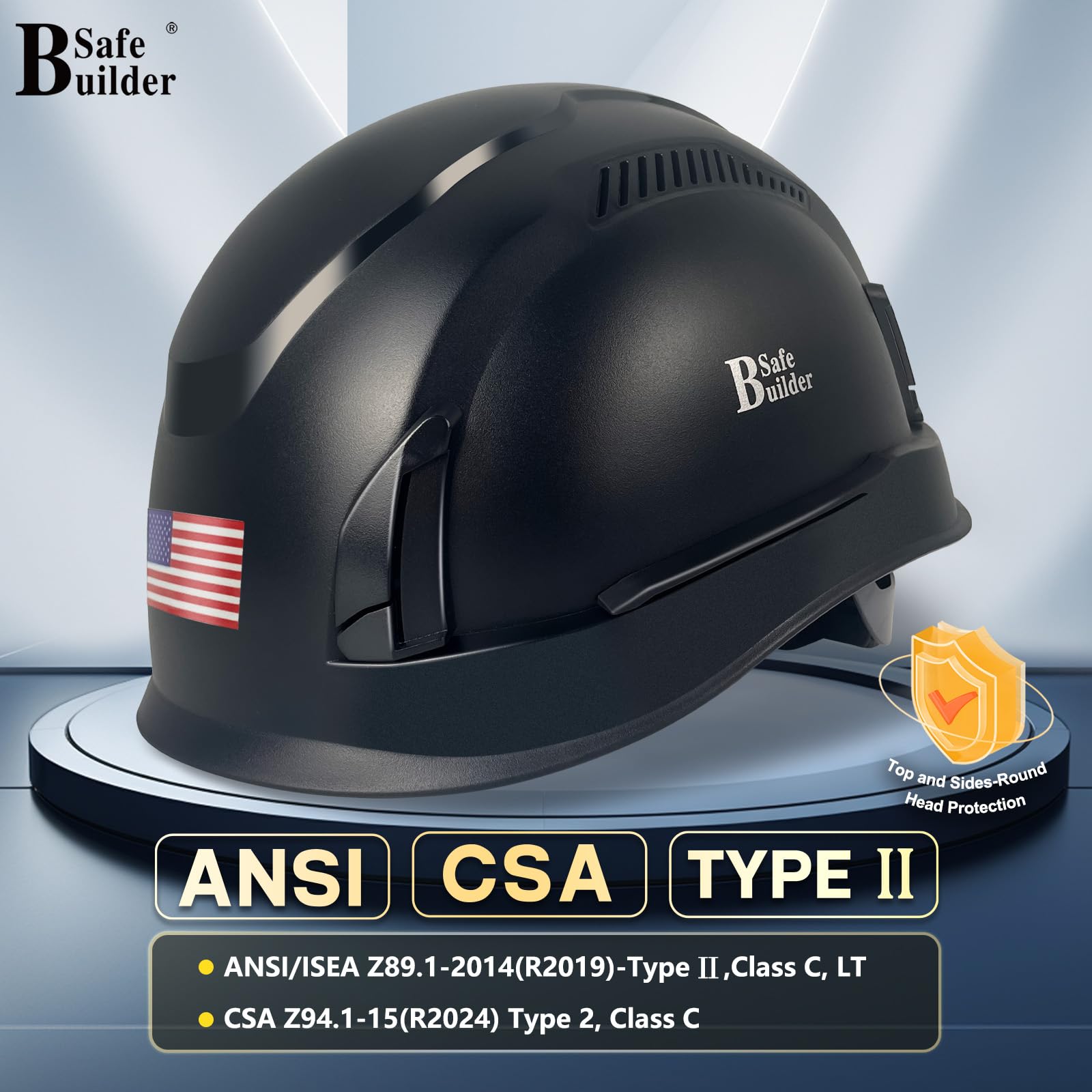 SAFEBUILDER Casques de protection ANSI et CSA de type II ventilés de type 2 classe C, LT pour protection contre les chocs supérieurs avant, arrière et latéraux, mentonnière avec boucle magnétique