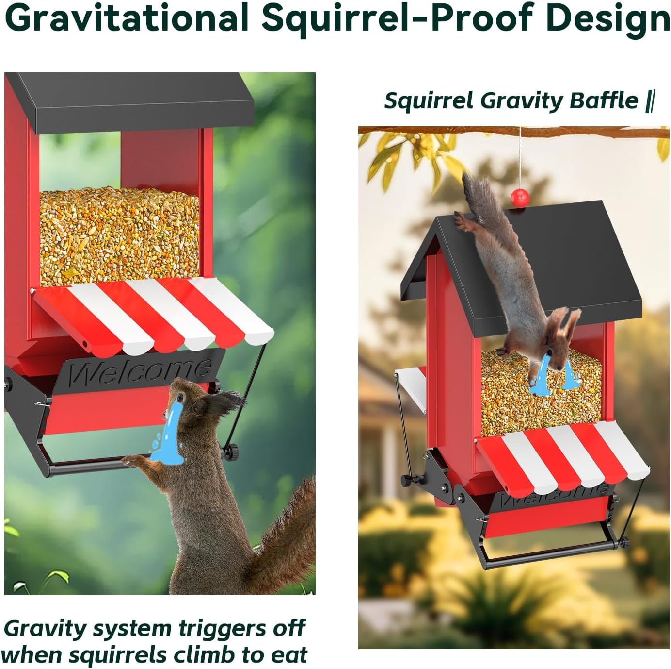 Squirrel Proof Bird Feeders,ScinDa Bird Feeders for Outdoors Hanging with Bilateral Weight-Activated Perches for Attracting Finch, Cardinal,Bluebird(Red)