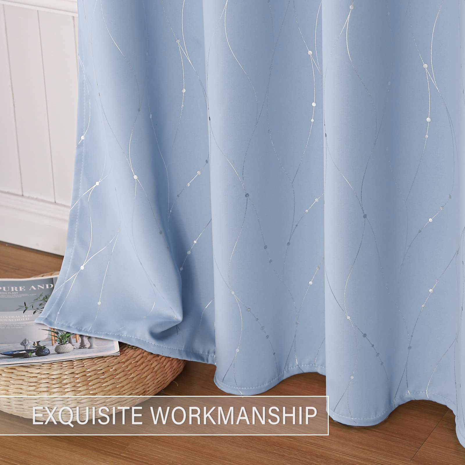 BUHUA Verdunkelungsvorhang Paneele für Wohnzimmer, wärmeisoliert, graue Vorhänge, Fenstervorhänge für Schlafzimmer, 183 cm lang, silberfarbene Wellenlinie mit Punkten Bedruckt (132 x 183 cm