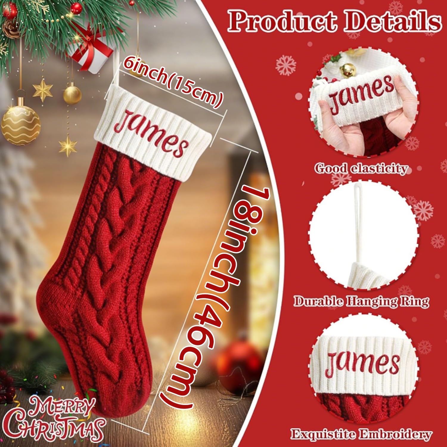 Personalisierte Weihnachtsstrümpfe, 45,7 cm, große benutzerdefinierte Socken mit gesticktem Namen, gestrickter Weihnachtsstrumpf für Kinder, Urlaub und Familie, Socke für Kamin, Weihnachtsfeier
