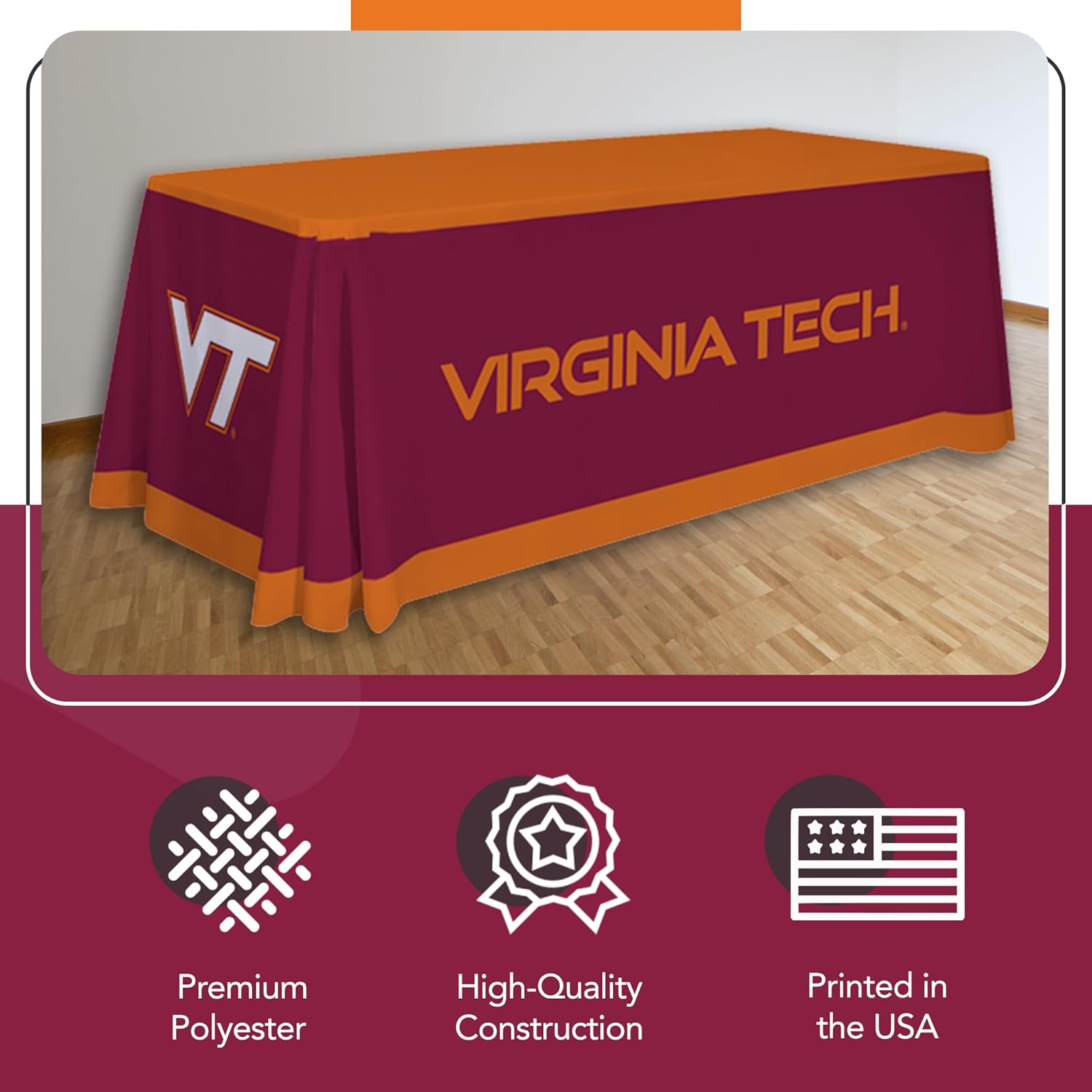 Virginia Tech Hokies College Sports Printed Table Throw - NCAA Licensed - Polyester - School Tablecloth (Maroon, Orange, White) (6' Draped)