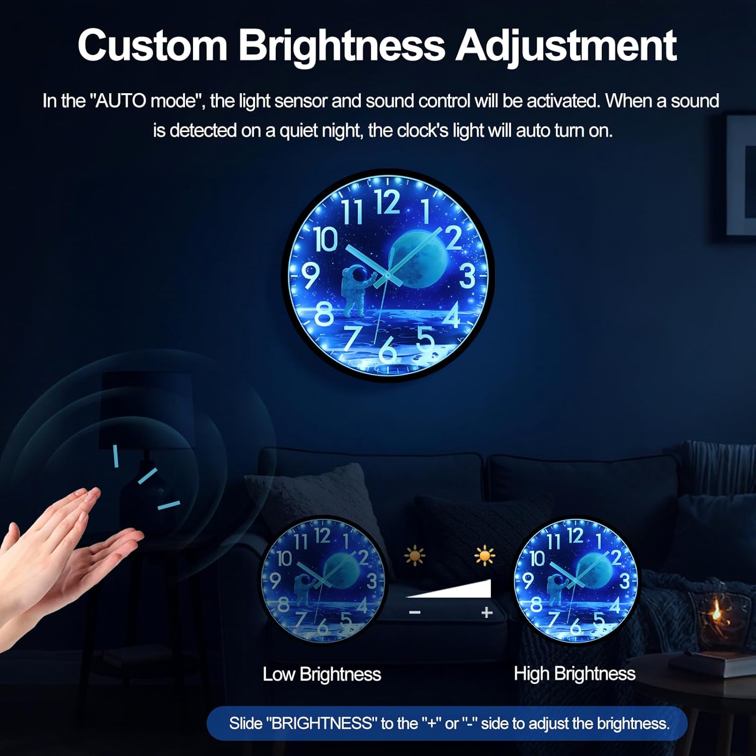 JoFomp Glow in The Dark Wall Clock 12 Inch, Silent Lighted Wall Clocks Battery Operated, Astronaut Night Light Wall Clock for Bedroom, LED Sound Control Light Up Wall Clocks for Living Room Decor