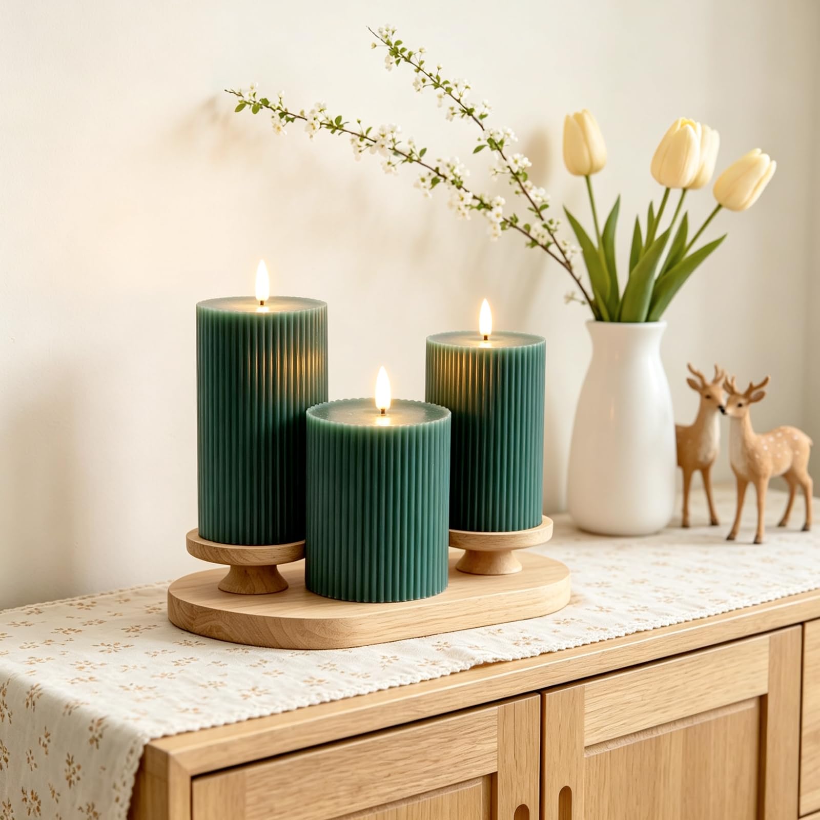 Pack de 3 Velas LED, LED Velas sin Llama, Llamas Parpadeantes Efecto de Llama Real, Material de Cera Auténtica, Funciona con Control Remoto y Temporizador, Velas Decorativas de Pilas (Verde)