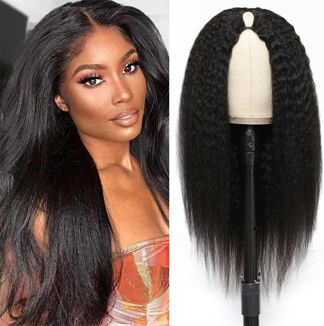 V Part Wig Human Hair 180% Density Kinky Straight V Part Wig Human Hair Upgrade U Part V Shape Wigs Glueless Full Head Clip In Half Wig Kinky Straight U Part Human Hair Wig 20 Inch