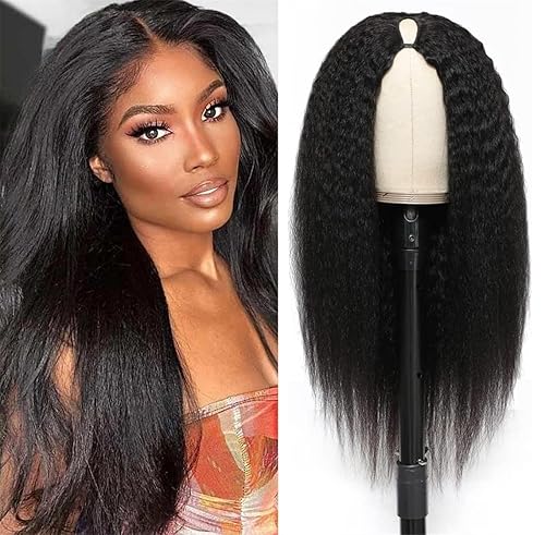 Miniatura 8 de Peluca de cabello humano lacio tipo afro con parte en V, para mujeres negras, densidad del 150%, peluca Yaki con parte en V, peluca de cabello