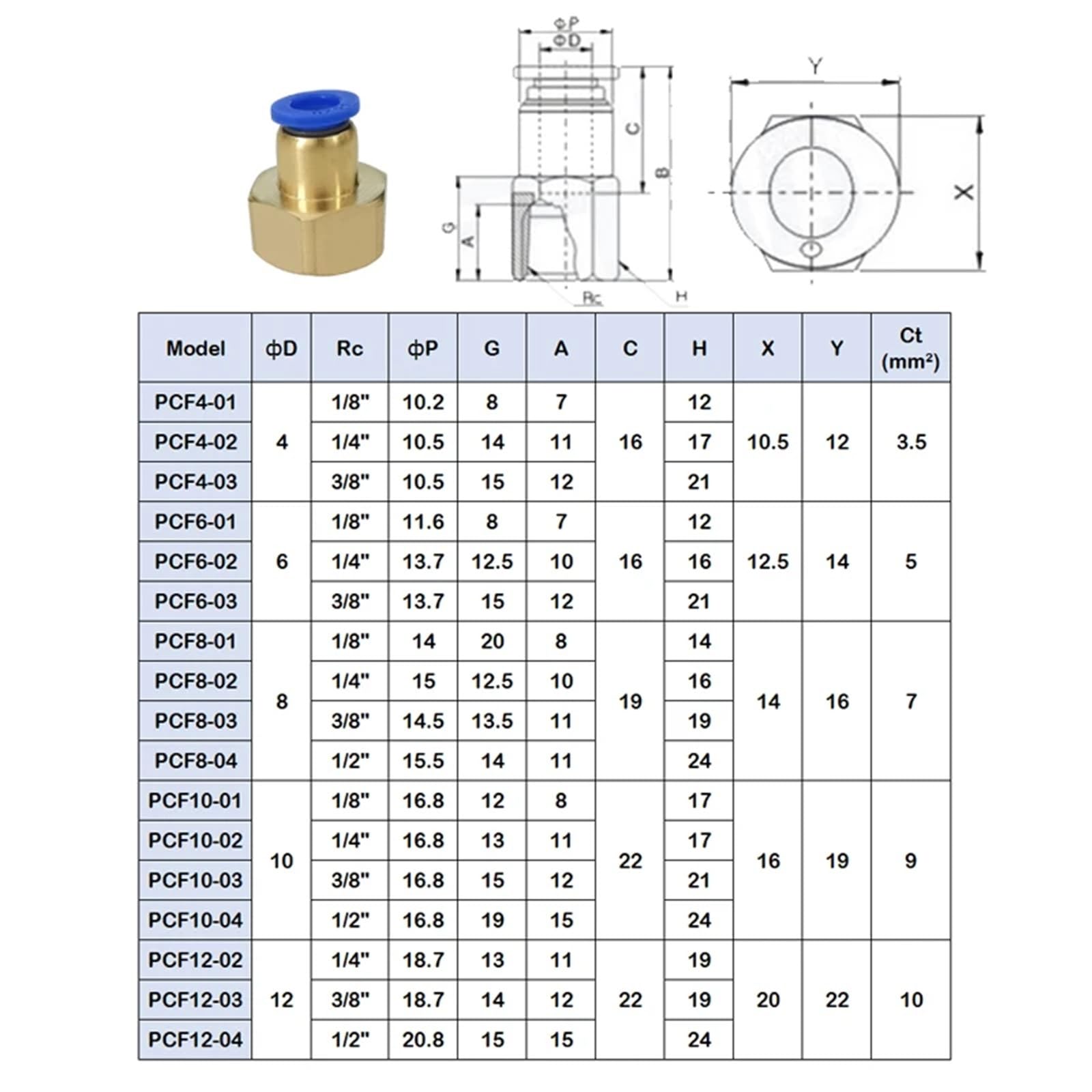 PCF PCF8-04 - Raccordo per tubo flessibile da 4-12 mm, filettatura 1/4 1/2 1/8 3/8, raccordi pneumatici in ottone, 10 pezzi