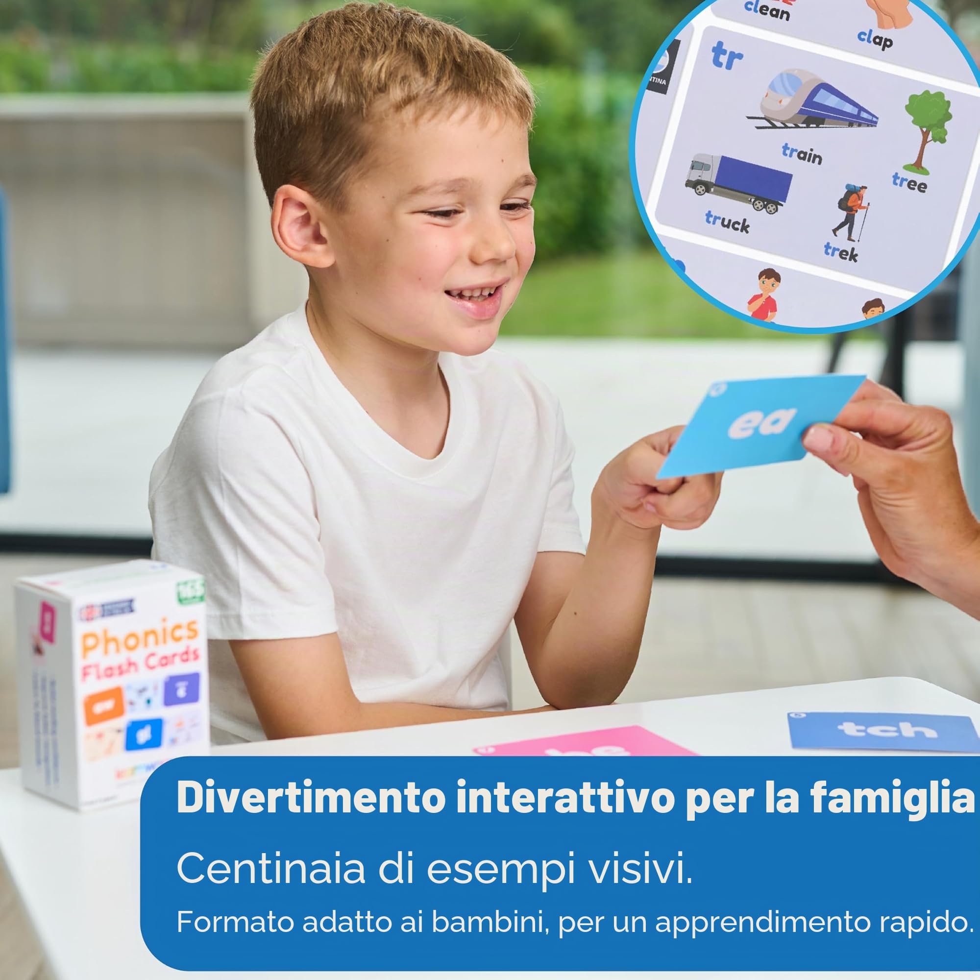 Phonics - Schede flash per bambini dai 3 anni in su, 165 carte didattiche su entrambi i lati, lettere, digrafi, trigrafi, miscele e parole difficili, giochi colorati per la lettura precoce e