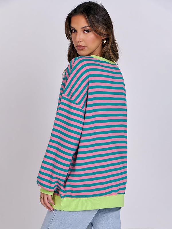 ANRABESS Women’s Striped Oversized Sweatshirts,pink green,M image 5