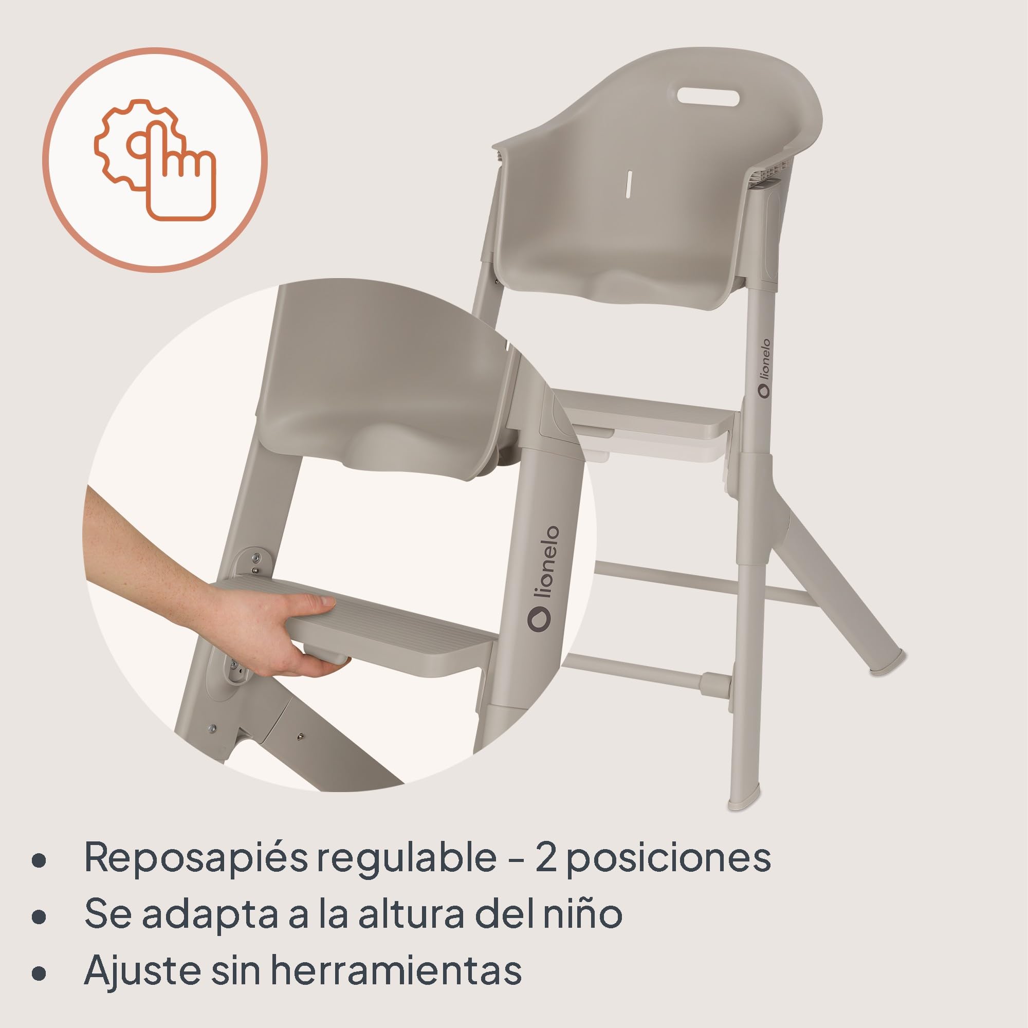 Lionelo Beny Trona Bebé Segura Sillas Tronas 6–36 Meses, Hasta 15 kg, para Bebécon Bandeja Regulable, Fácil de Limpiar, Reposapiés Ajustable a una Mano, Arnés de 3 Puntos, Inserto Lavable | 2 posiciones de la bandeja, reposapiés ajustable con una mano, ci