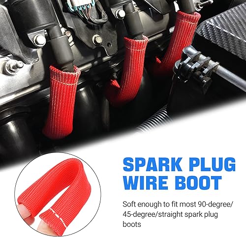 Miniatura 2 de Shinehome - Botas de alambre para bujías, funda protectora de calor para bujías de 2500 grados, 6 pulgadas, para SBC BBC 350 454, 8 unidades (rojo)