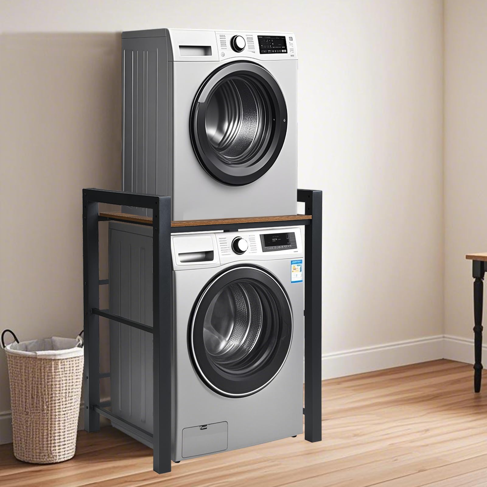 Mueble para Lavadora y Secadora, Soporte Estanteria Torre Lavadora Secadora, Kit de Apilado, Capacidad de Carga 350kg, 75 * 65 * 104cm Negro