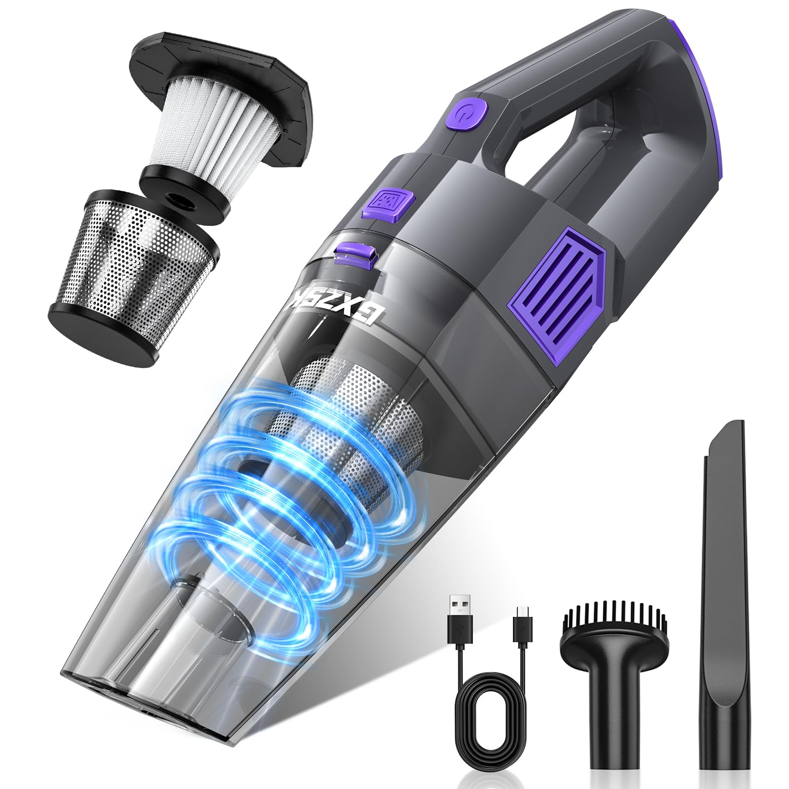 Gxzsk Aspiradora de mano inalámbrica de 15000 PA, aspiradora de mano de succión fuerte, aspiradora de mano portátil recargable con múltiples boquillas y filtro lavable para el hogar, oficina, coche