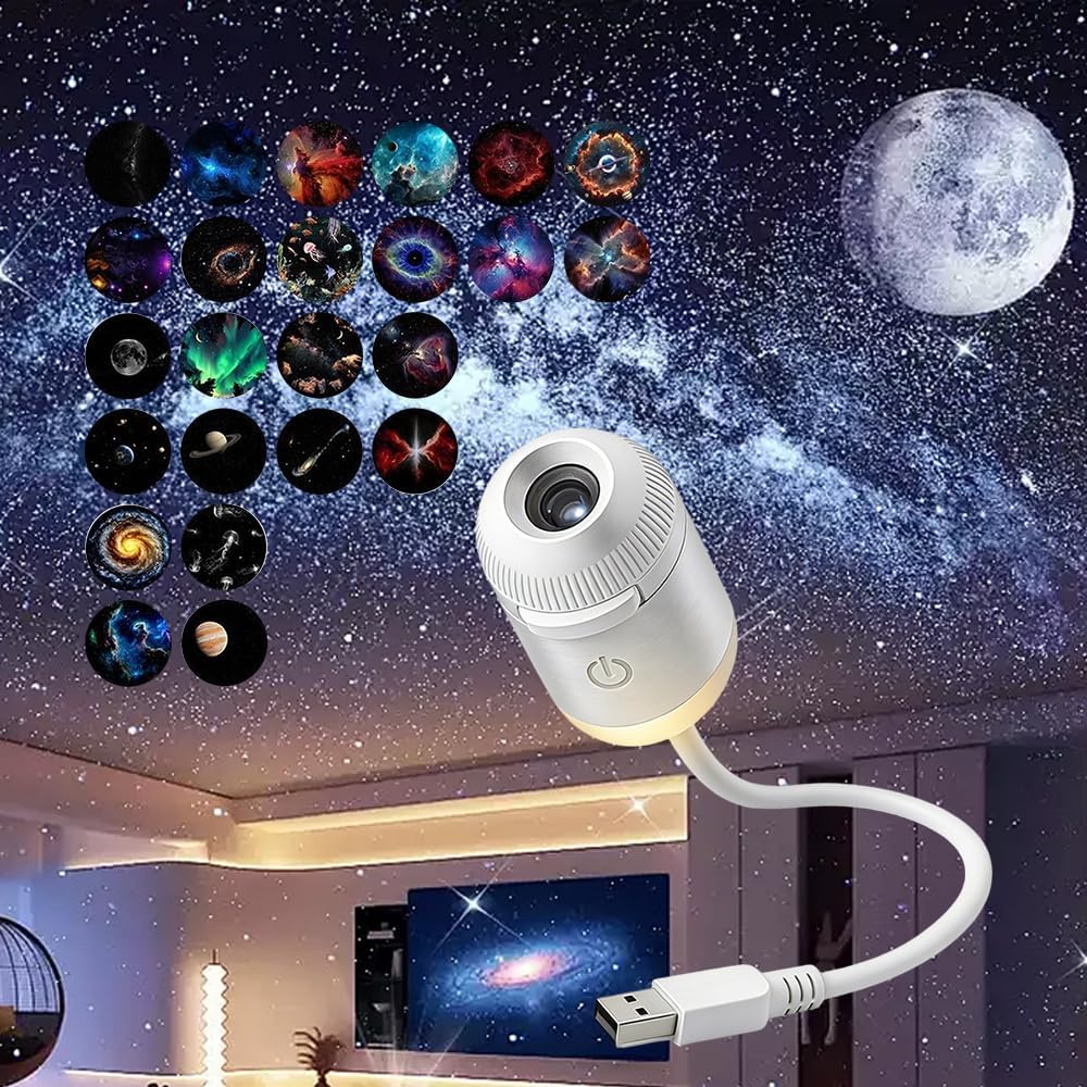 2-in-1 Galaxy Projector Night Light with 24 Projection Films,360° Rotating Starry Sky Projector,USB Galaxy Projector LED Lamp,HD Milky Way Mood Lighting for Bedroom Car,Nebula Ceiling Decor Gift