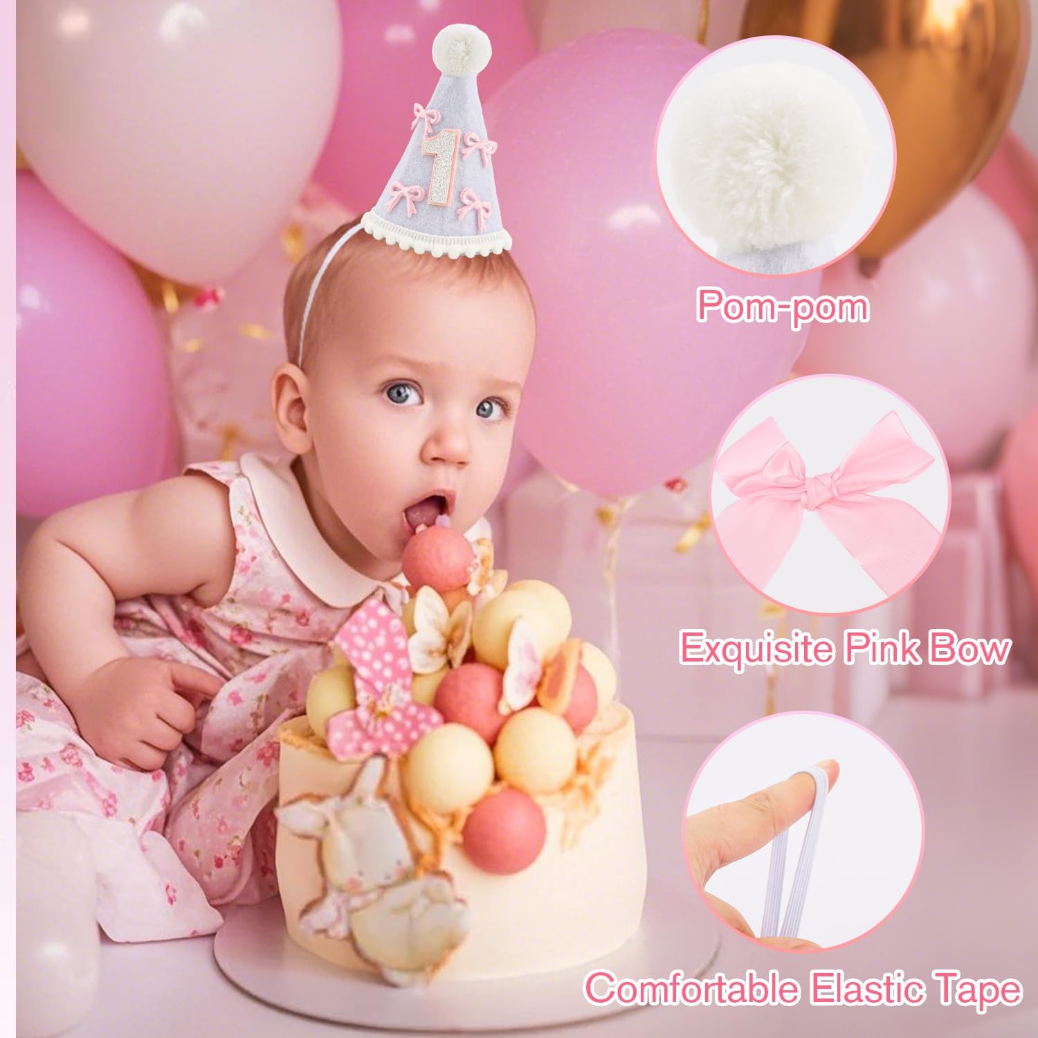 1st Birthday Party Cone Hat Sweet One Year Old High Chair Banner Princess Headband First Pink Crown Tiara Bow Birthday Decorations for Girl Outfit Cake Smash Photo Props Gifts