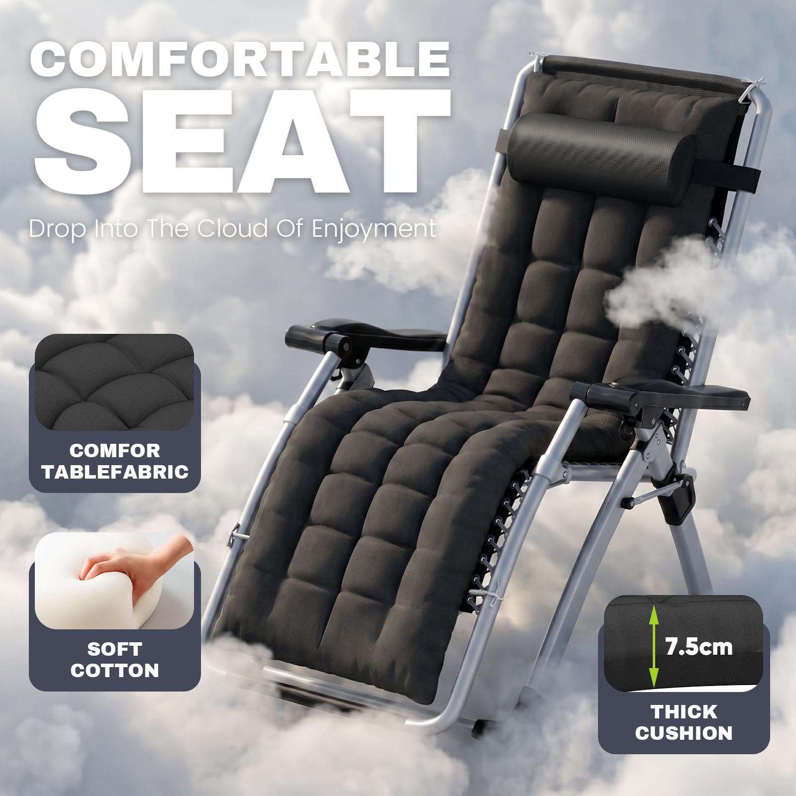Chaise Longue de Jardin Pliante – Assise Rembourrée en Coton, Coussin de Nuque Inclus, Dossier Réglable, Porte-gobelet et Poche Latérale – Chaise Longue Jardin Extérieur (Noir)