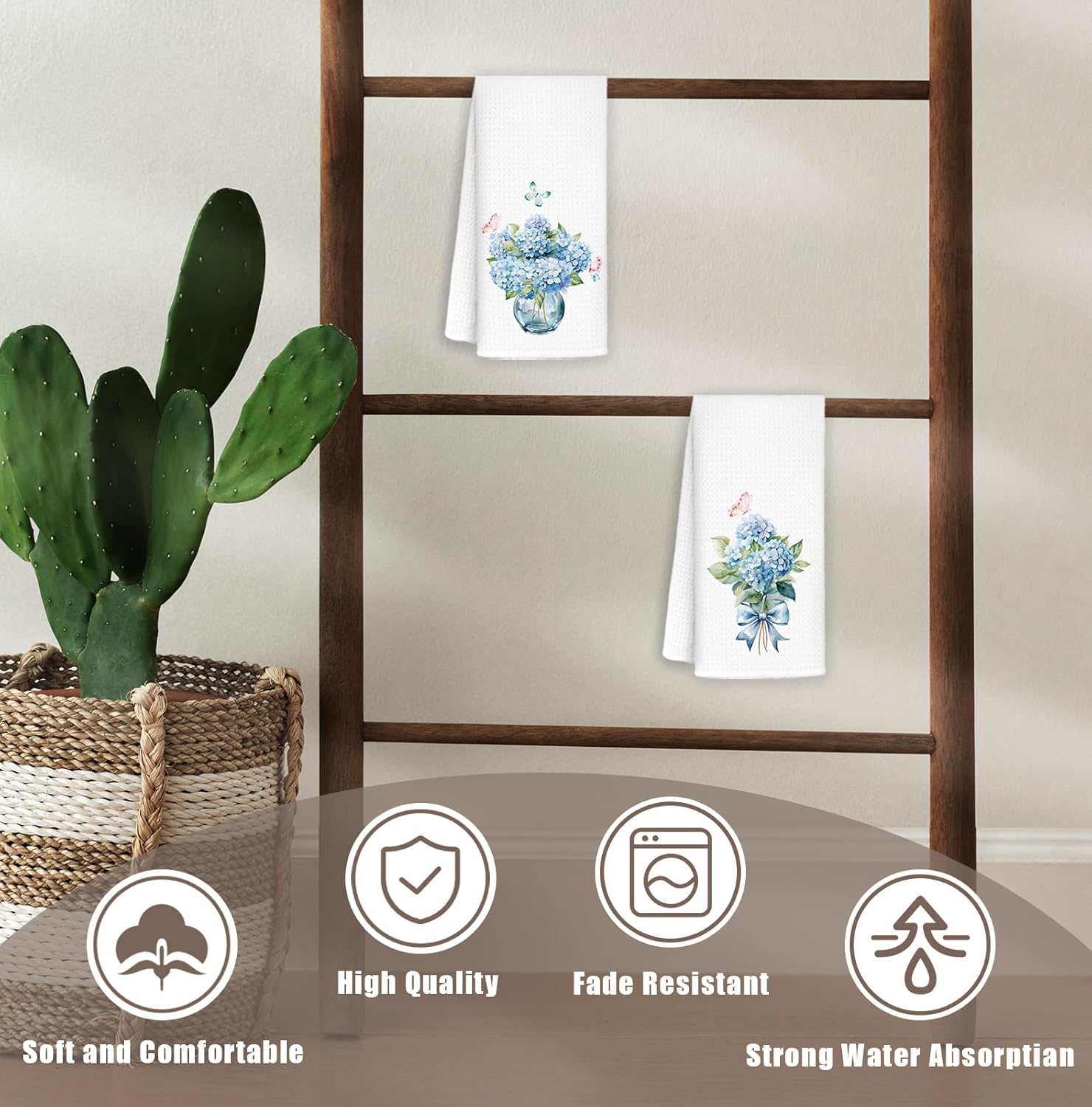 Blue Hydrangea Floral Bathroom Hand Towels Set of 2, Girly Bow Cottagecore Hand Towels for Bath Room Washroom Powder Room, Hydrangea Flower Botanical Kitchen Dish Towel, 16x24 Inch - Image 2