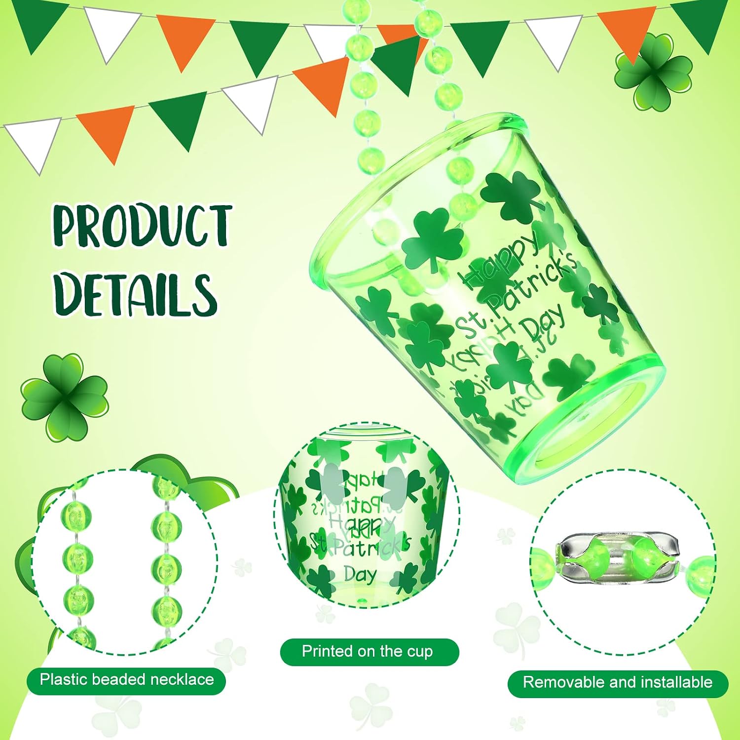 12 Pcs St. Patrick's Day Shot Glass Necklace Green Shamrock Shot Glass on Beaded Necklace Plastic Disposable Shot Necklace Cups for Saint Patrick's Day Party Decorations Festival Supplies