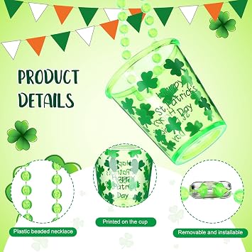 12 Pcs St. Patrick's Day Shot Glass Necklace Green Shamrock Shot Glass on Beaded Necklace Plastic Disposable Shot Necklace Cups for Saint Patrick's Day Party Decorations Festival Supplies