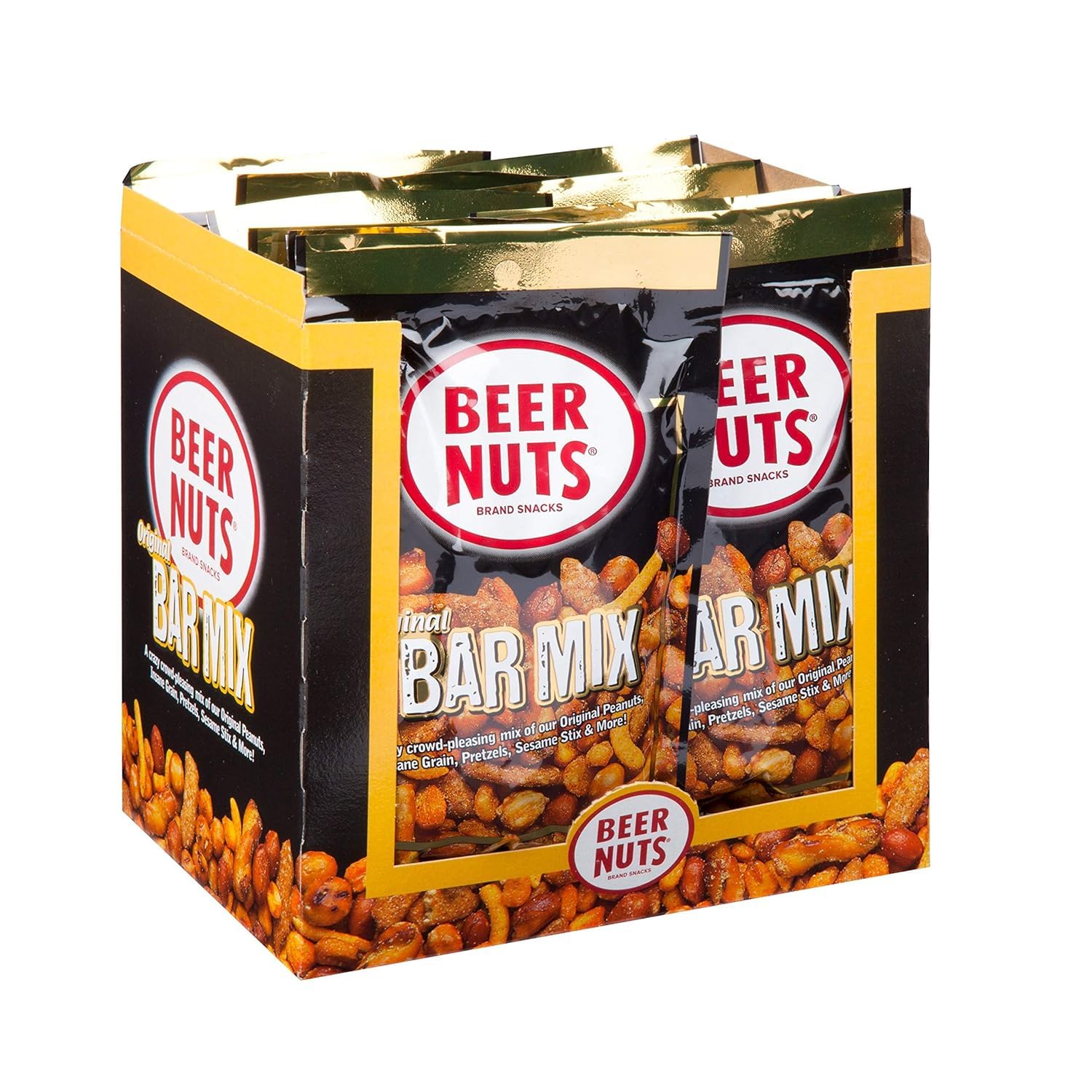 BEER NUTS Original Bar Mix - 12-Count 4oz Single Serve Bags, Pretzels, Cheese Sticks, Sesame Sticks, Roasted Corn Nuts, and Original Peanuts