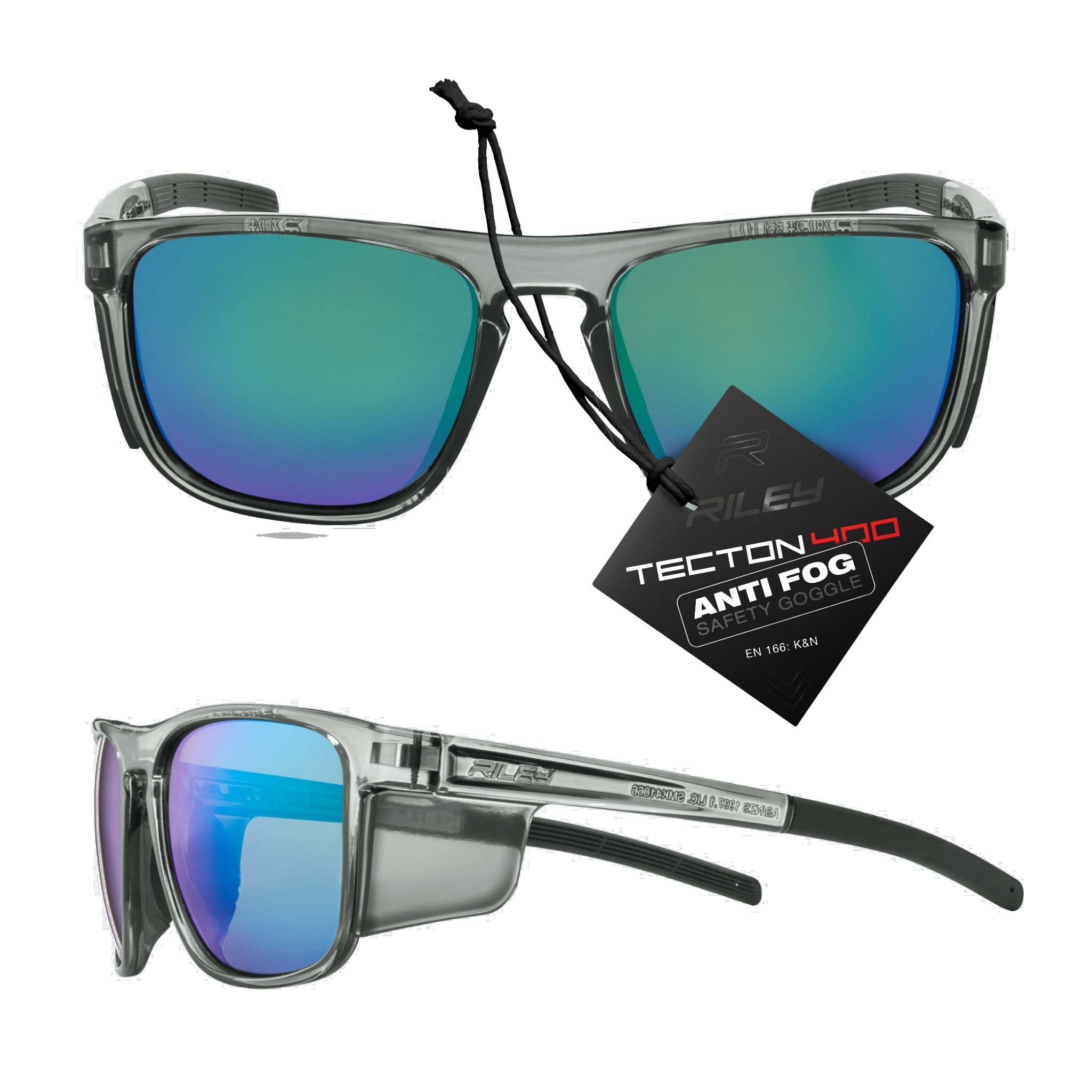 Riley Navigator X Premium Safety Glasses for Work – Anti-Fog, Scratch-Resistant Protective Work, Sports & Cycling Glasses - UV400 Safety Sunglasses Men & Women Suitable Eyewear - Emerald Revo Lens