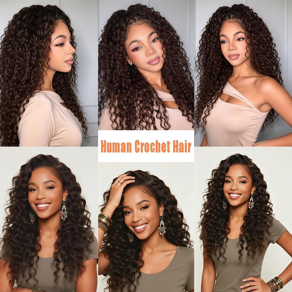 Extension di capelli umani all'uncinetto, con piume, 71 cm, 60 g, 40 ciocche, colore castano cioccolato, morbidi, leggeri, ondulati profondi, capelli umani all'uncinetto