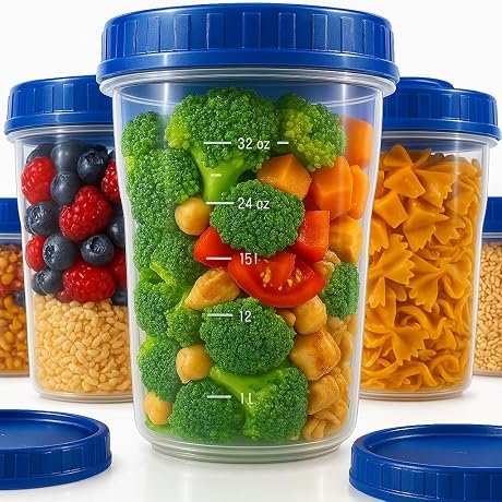 Checkmart 32 oz 1 Quart Twist Top Food Storage Containers with Lids, 6 Pack, Reusable Leakproof Deli Containers for Soup and Meal Prep, BPA Free, Microwave Freezer and Dishwasher Safe