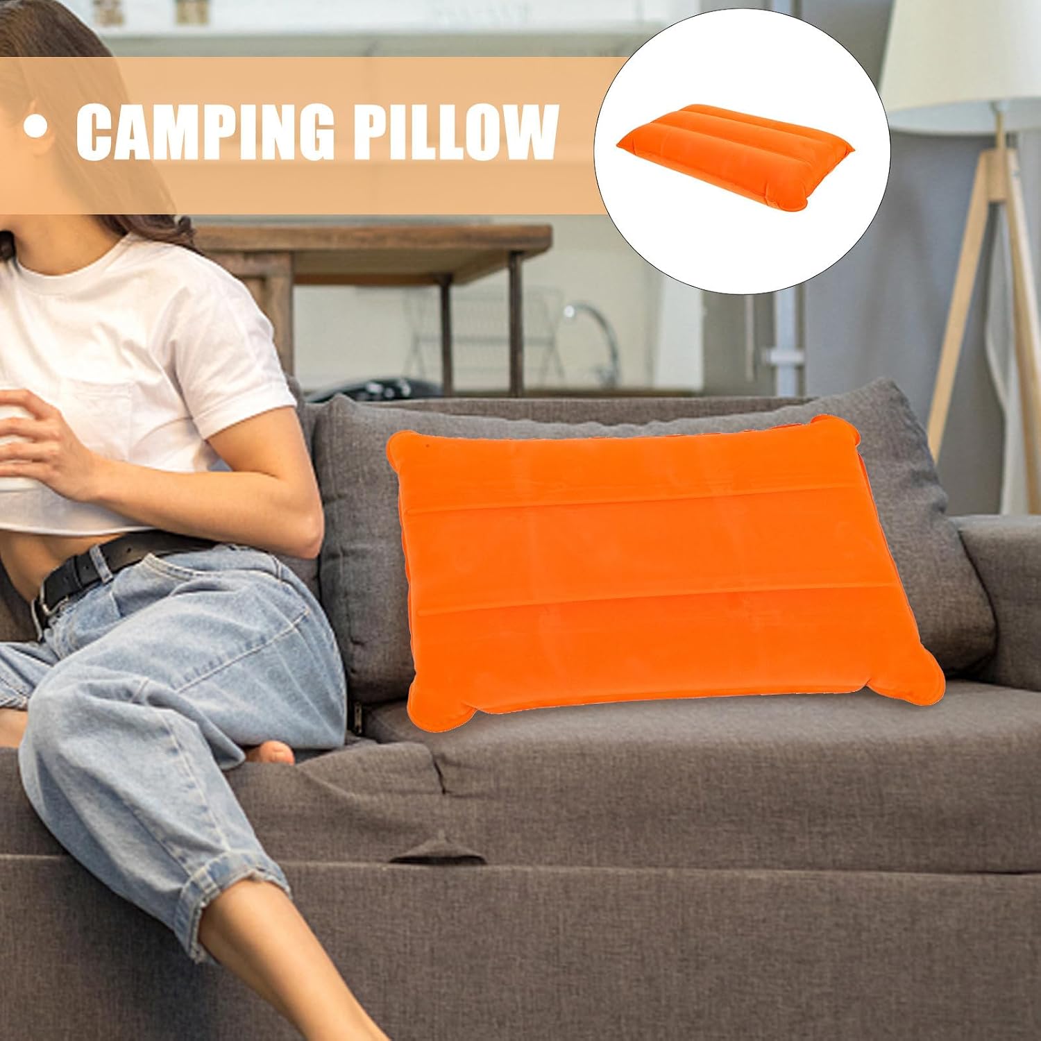 Baluue Portable Inflatable Camp Pillow Flocking Material, Easy to Clean Multi-Function Travel Pillow for Walking and Traveling, Lightweight Inflatable Neck and Lumbar Support Cushion