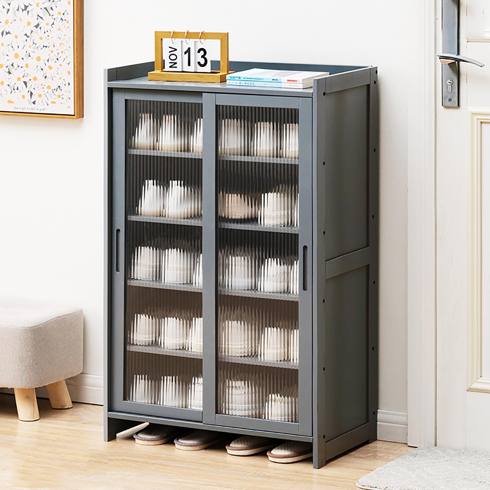 Meuble à chaussures en bambou gris à 5 niveaux avec portes coulissantes