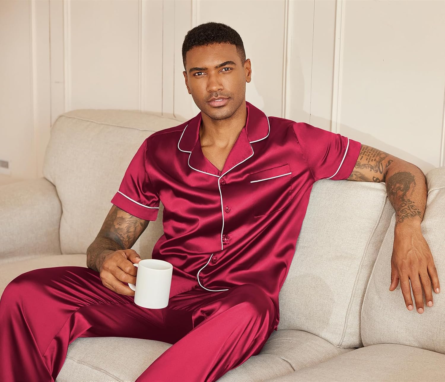 Ekouaer Mens Satin Pajama Set Short Sleeve Button Down Sleepwear Classic Loungewear Set with Long Pants - Image 6