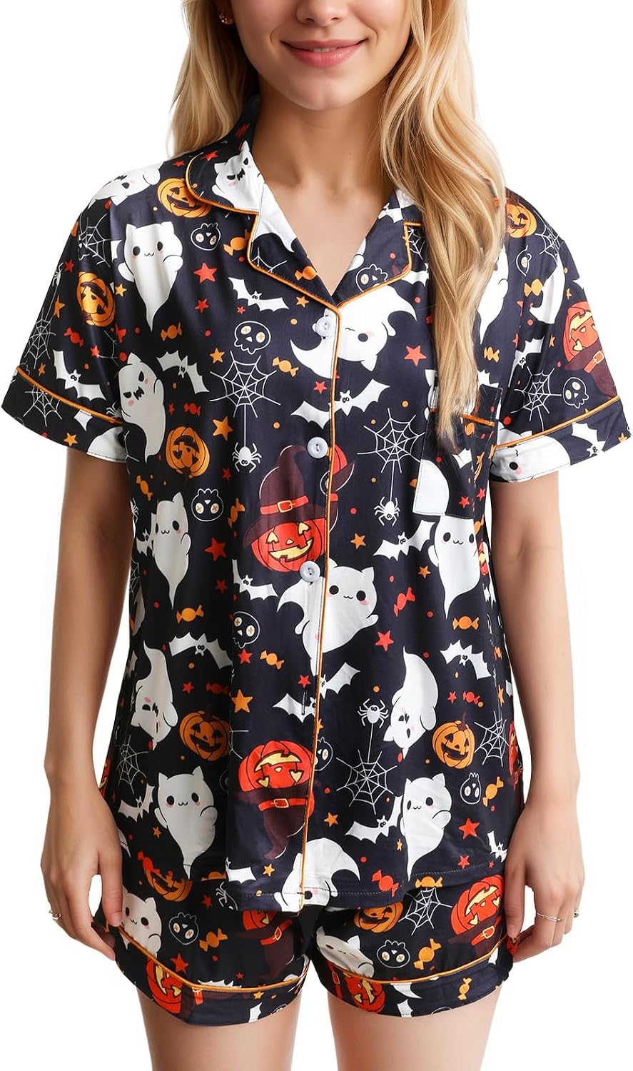 Halloween Pajamas Set Women 2 Piece Short Sleeve Button Down Loungewear Pjs Shorts Pajama Set Sleepwear