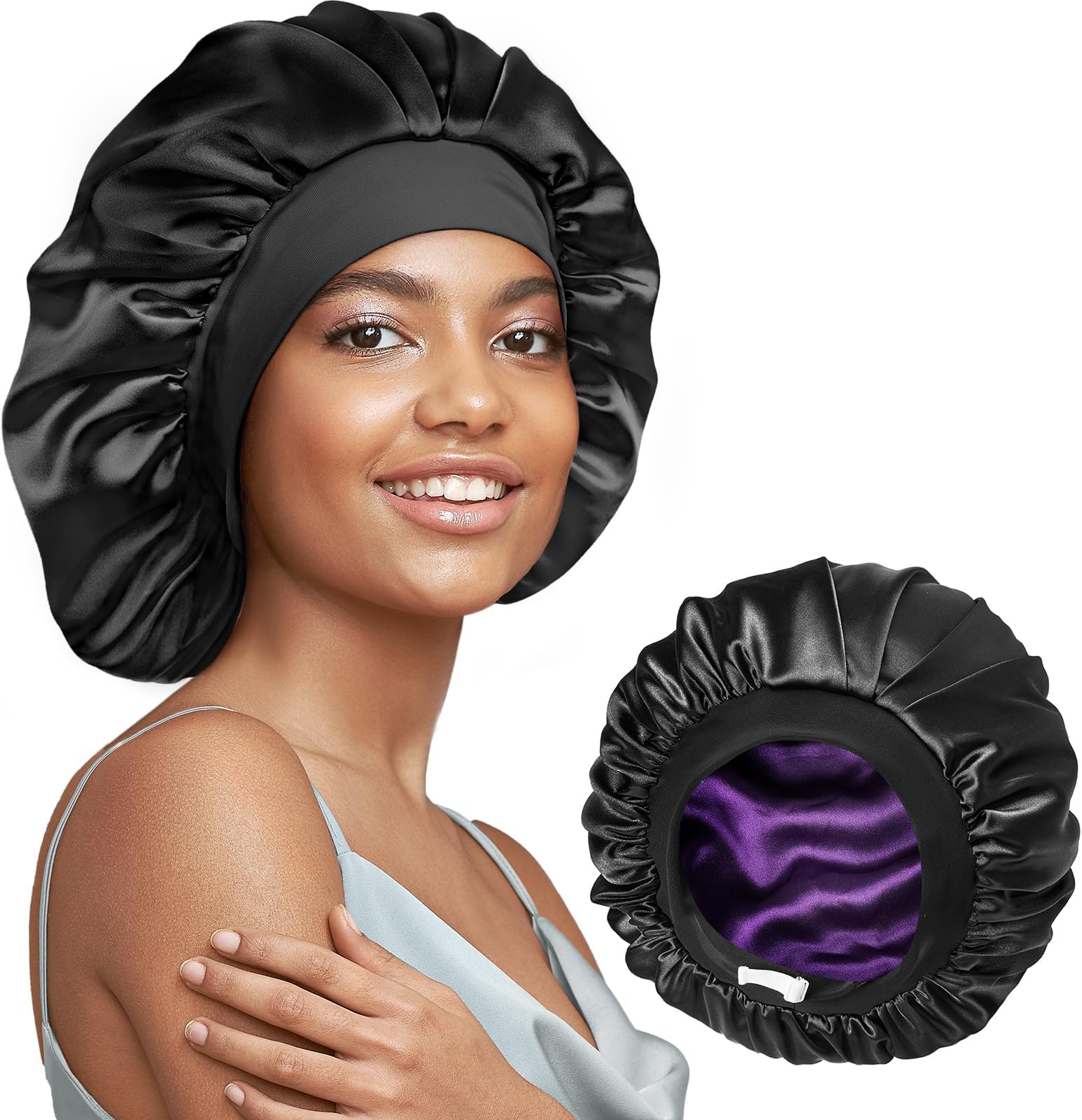 Umisleep 22 Momme 100% Real Mulberry Silk Bonnet for Sleeping Women, Large Hair Care Bonnet for Long Curly Hair, Double Layer Silk Hair Wrap with Soft Elastic Band, Non-Slip Sleep Cap, Black+Purple