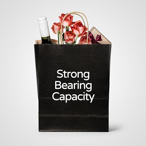 Miniatura 4 de PakTalk Paquete de 50 bolsas de regalo de 8 x 4.25 x 10.5 pulgadas, bolsas de papel negras medianas con asas para almuerzo, compras, pequeñas