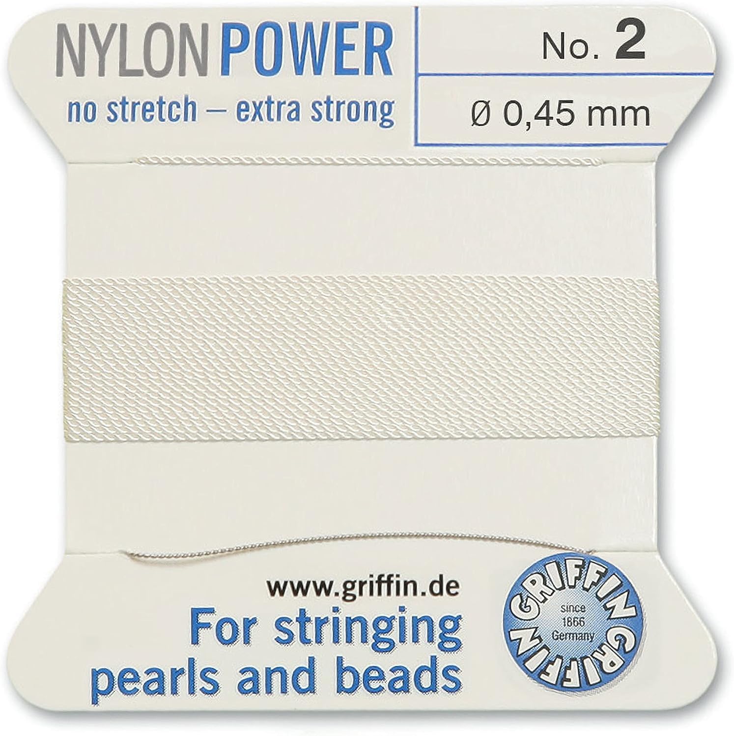 Griffin Bead Cord Nylon White #2 with Stainless Steel Needle Attached – for Knotting Pearls, Gemstones, Crystals and Beads