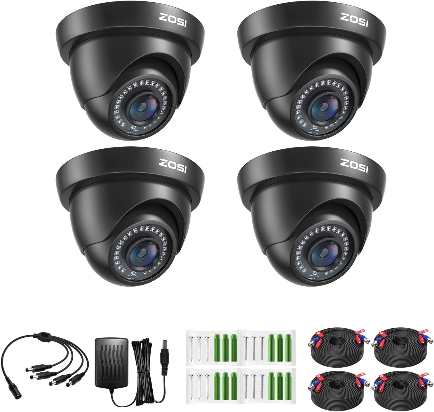 ZOSI 4 Pack 1080P HD-TVI Dome Security Cameras, 2MP Indoor Outdoor CCTV Camera with Night Vision, IP66 Weatherproof, Compatible with 4K/5MP/1080P TVI DVR Systems, for Home Surveillance
