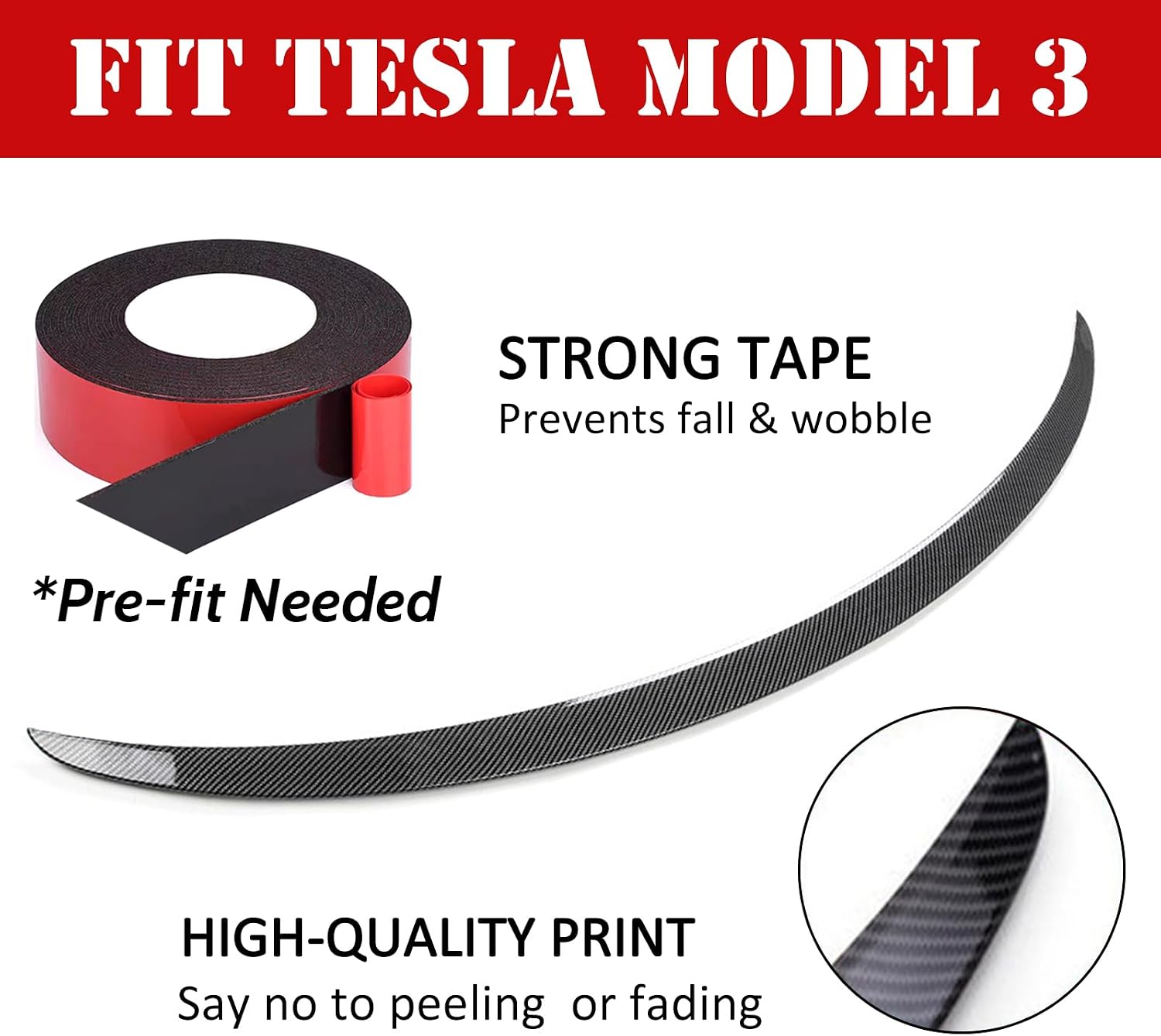 Fit Tesla Model 3 Spoiler Rear Spoiler Wing Lip Tail Trunk Spoiler Cover Compatible with 2017-2023 2024 2025 Tesla Model 3 Accessories, Glossy Carbon Fiber