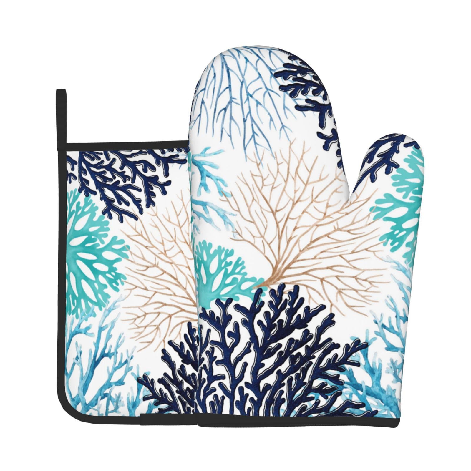 Summer Coastal Oven Mitts and Pot Holders Sets Ocean Coral Oven Mitts Heat Resistant Marine Plants Kitchen Gloves Hot Pads Two Piece Set for Cooking Baking Grilling BBQ