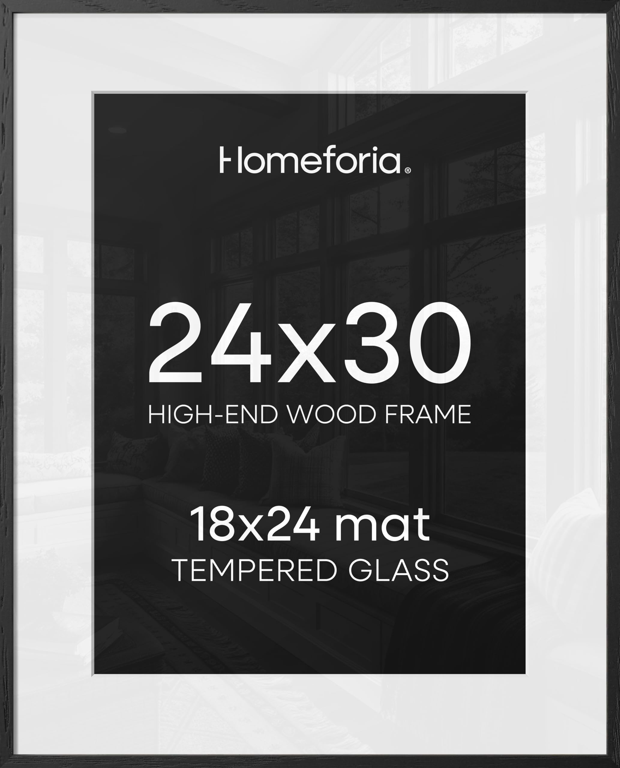 Homeforia Poster Frame 24x30 Black, High End Oak 24x30 Wooden Picture Frames with Mat 18x24 in Photo, 24 x 30 Large Wood Frame Matted to 18 by 24 Print, 30x24 Frame, Tempered Glass, Wall Kit, Set of 2