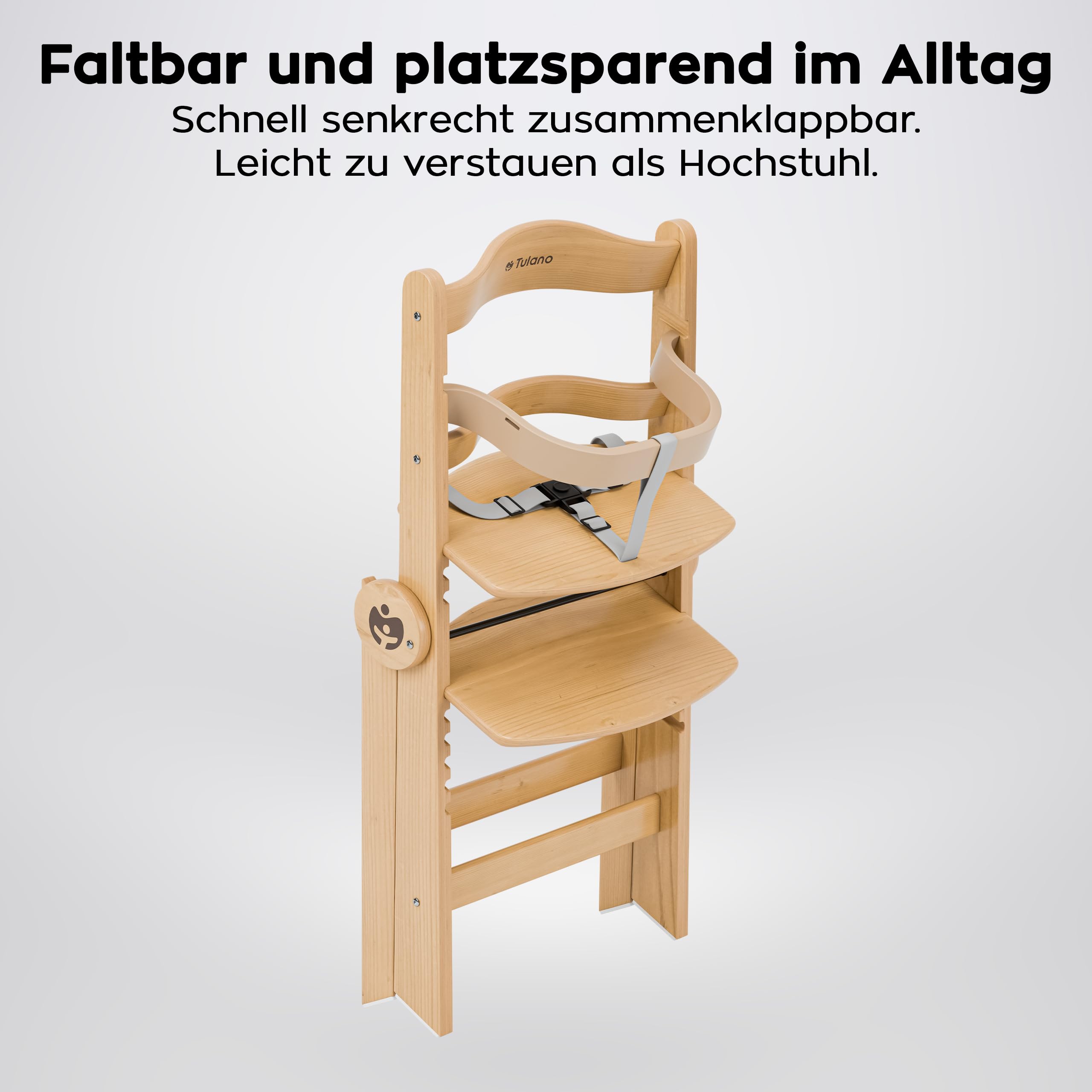 TULANO Morsel 45 Kinderhochstuhl 4in1 aus Holz, Mitwachsend & Verstellbar | von 6 Monaten bis 12 Jahren, Faltbarer Kombihochstuhl mit 3-Punkt-Gurt, Schutzbügel, Essbrett, Belastbar bis 40 kg, Natural