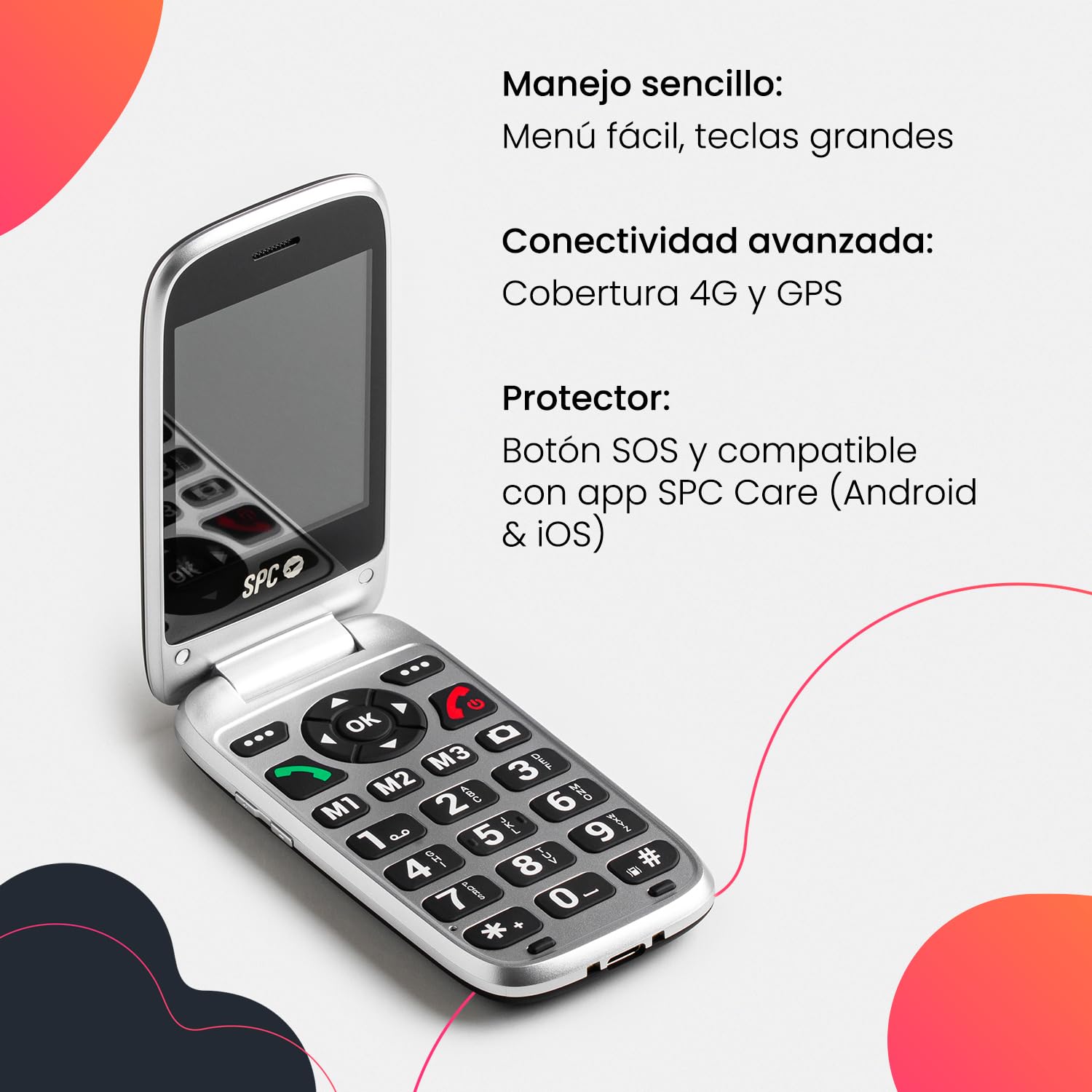 SPC Polaris - Teléfono 4G para Mayores con Teclas Grandes y botón SOS | Compatible con App gestión remota SPC Care (iOS & Android), localización GPS y alertas de Seguridad | Negro