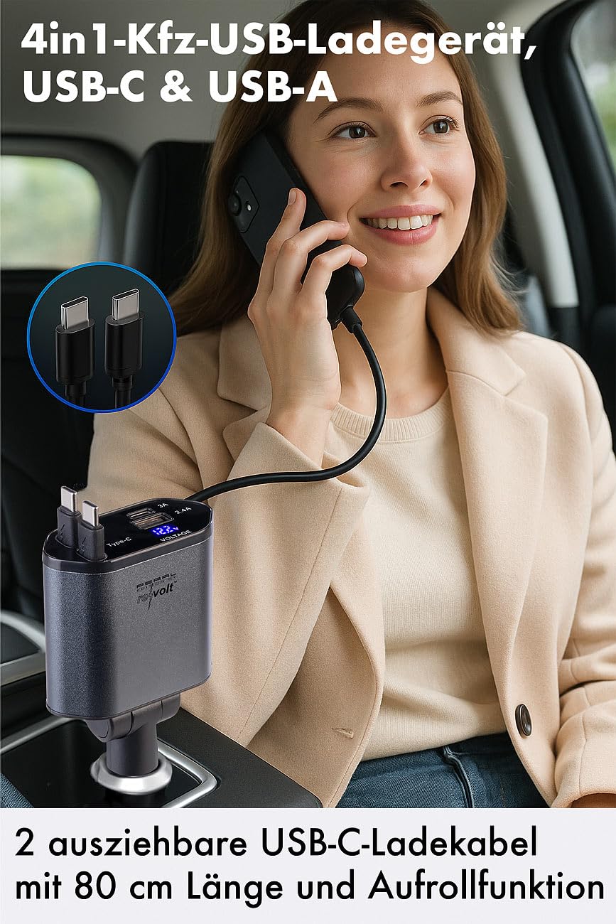 revolt Kfz-Handy-Ladegerät: 4er-Set 4in1-Kfz-USB-Ladegerät, USB-C/A, 2 USB-C-Kabel, 66 Watt (Adapter Zigarettenanzünder, Ladebuchsen Zigarettenanzünder)