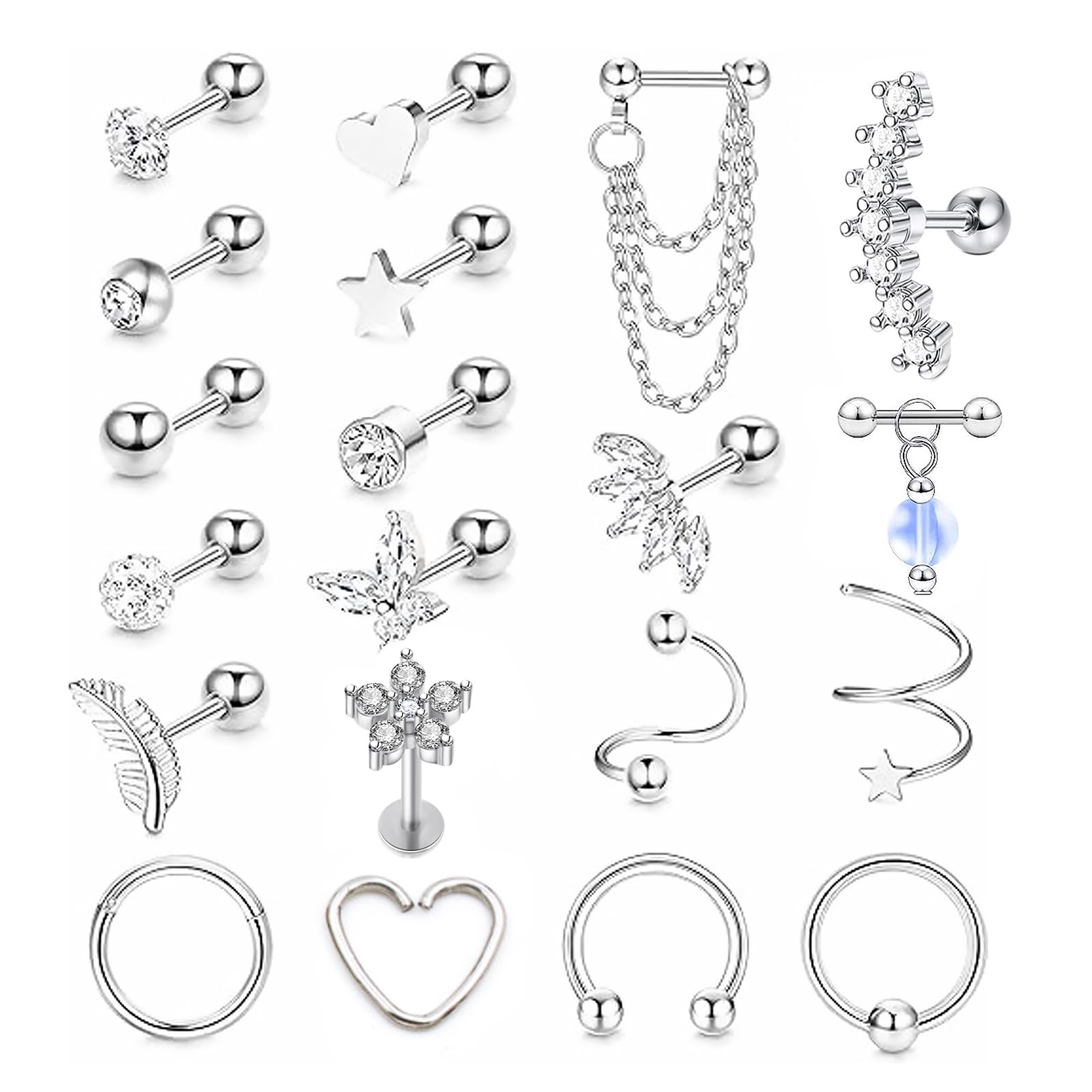 DMNQ 20 Piezas Piercing Oreja Pendientes Acero Inoxidable Mujer Pendientes Acero Quirurgico Mujer Piercing Oreja Acero Quirurgico Pendientes Acero Pendientes HipoalergéNicos Mujer Traje